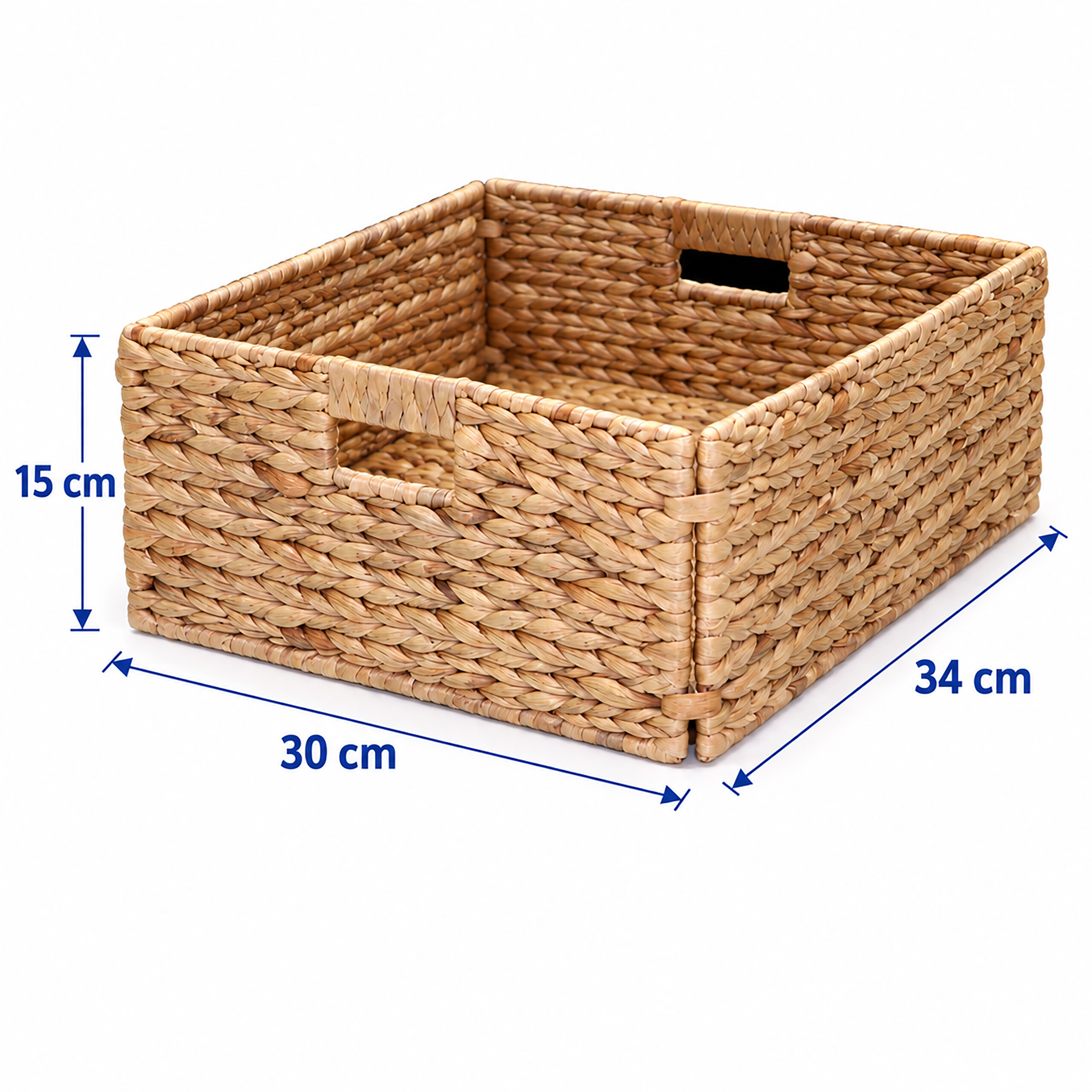 Rechteckiger, geflochtener Weidenkorb mit Griffen, Maße: 30x34x15 cm, auf weißem Hintergrund.