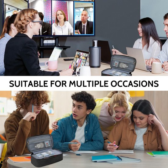 Zwei Gruppen von Menschen nutzen Laptops und ein Mäppchen an Tischen bei Meetings.