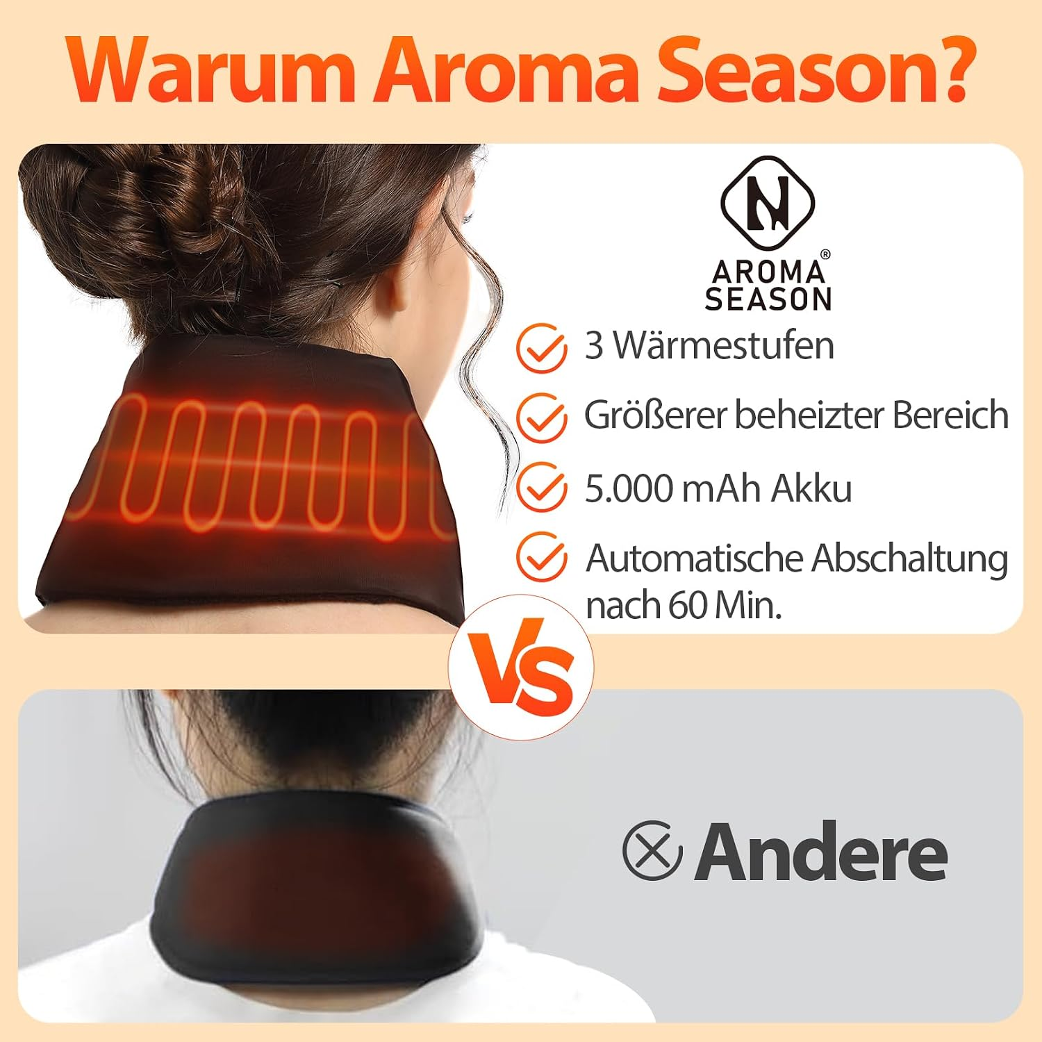 Vergleich von Aroma Season Nackenheizkissen mit anderen Marken, mit Fokus auf Funktionen wie 3 Wärmestufen.