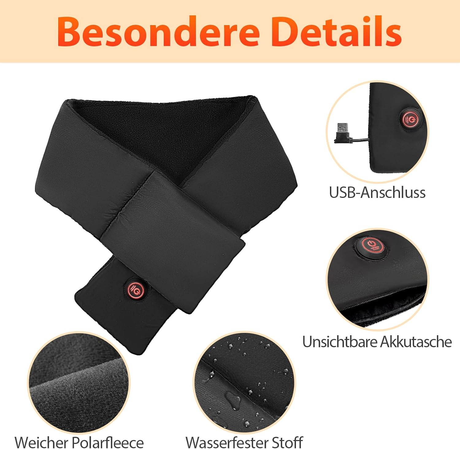 Schwarzer beheizbarer Schal mit USB-Anschluss, Batteriefach und wasserfestem Stoff.