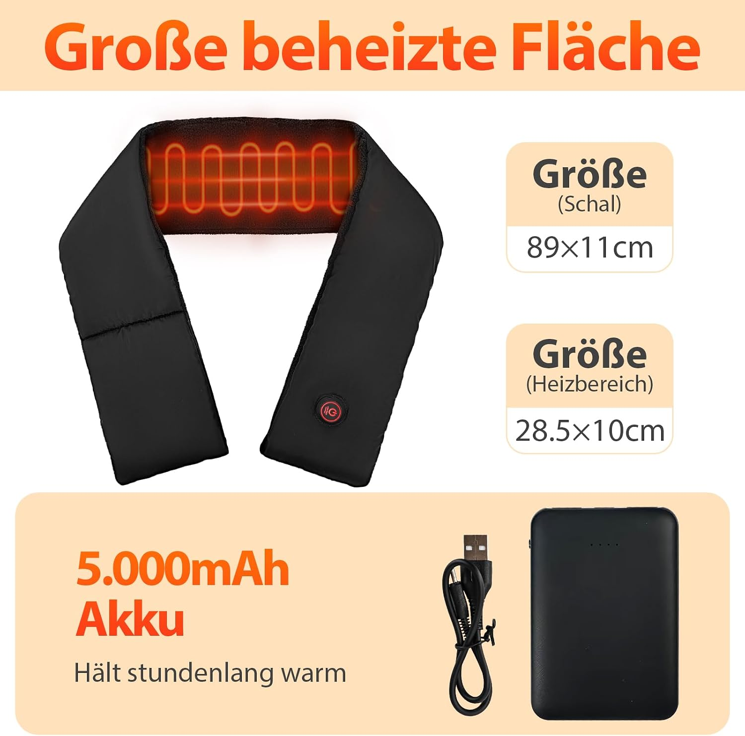 Schwarzer beheizbarer Schal mit Powerbank, USB-Kabel und Maßangaben.