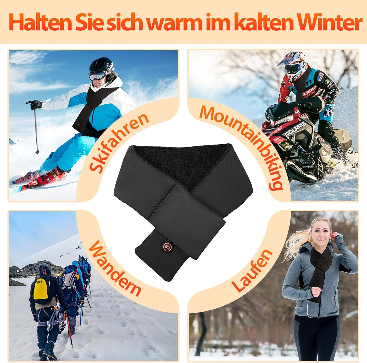 Ein schwarzer elektrischer Schal, gezeigt mit vier verschiedenen Winteraktivitäten wie Skifahren und Wandern.