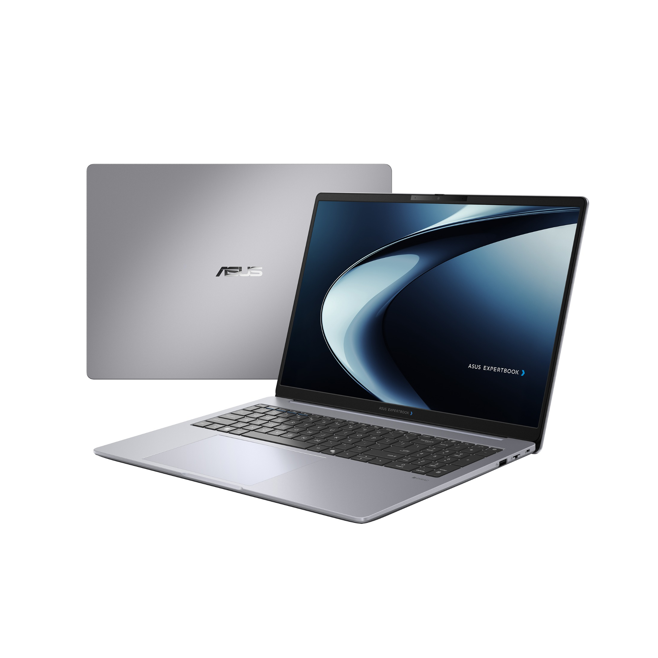 Ein offener silberner Asus ExpertBook Laptop mit eingeschaltetem Bildschirm, schräg, und ein weiterer geschlossener Laptop.