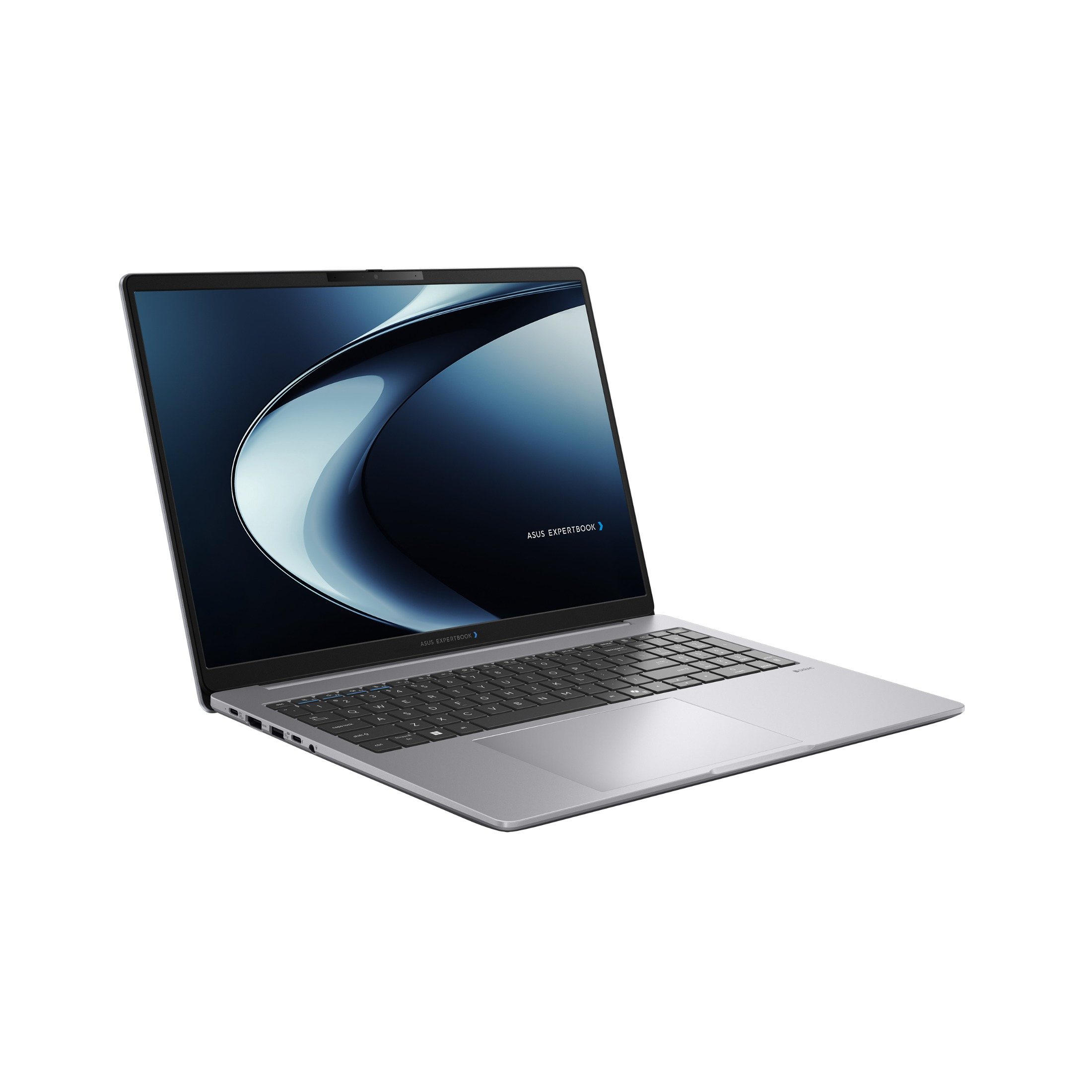 Ein silberner Asus ExpertBook Laptop steht auf einem weißen Hintergrund.