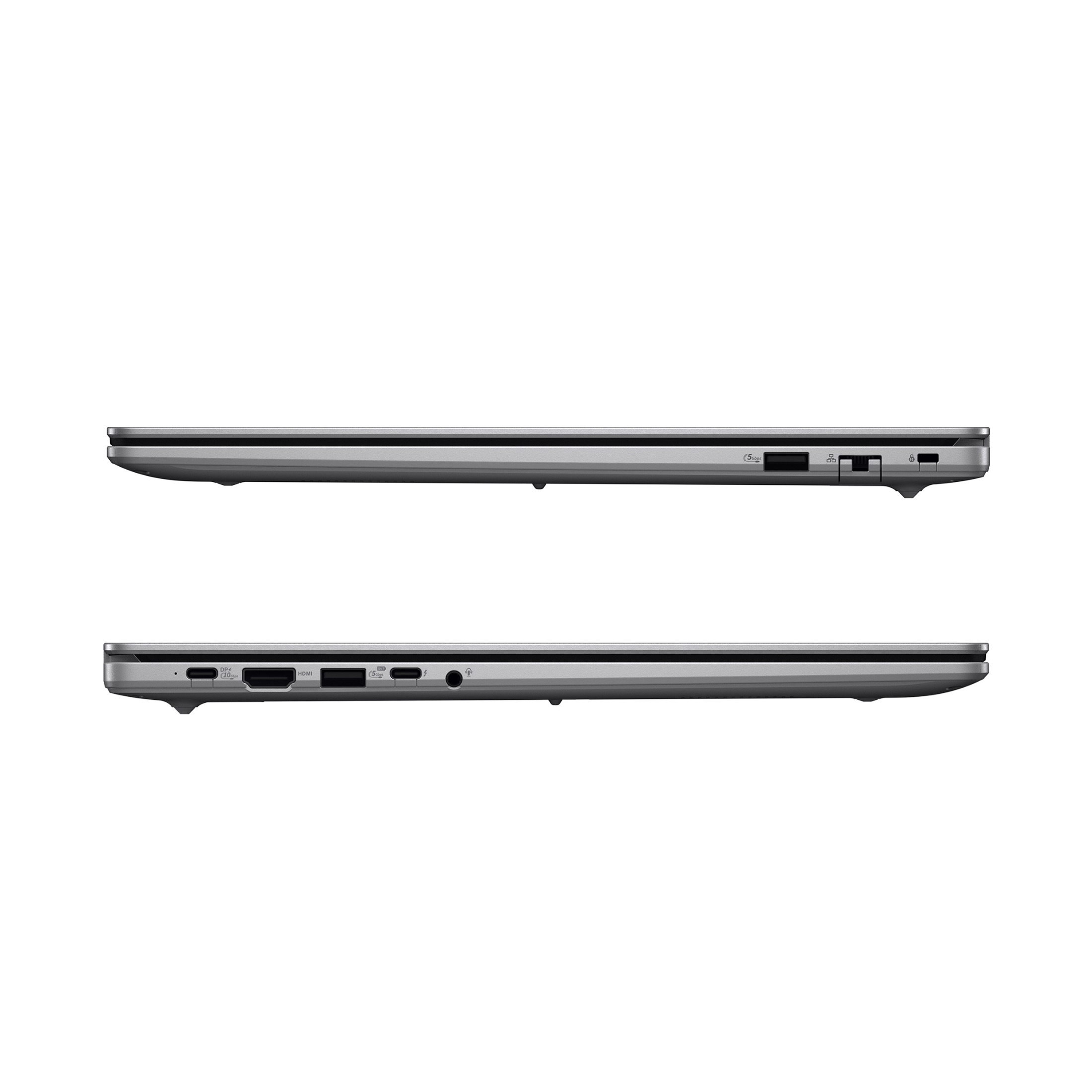 Seitenansichten eines geschlossenen grauen Laptops mit verschiedenen Anschlüssen auf beiden Seiten auf weißem Hintergrund.