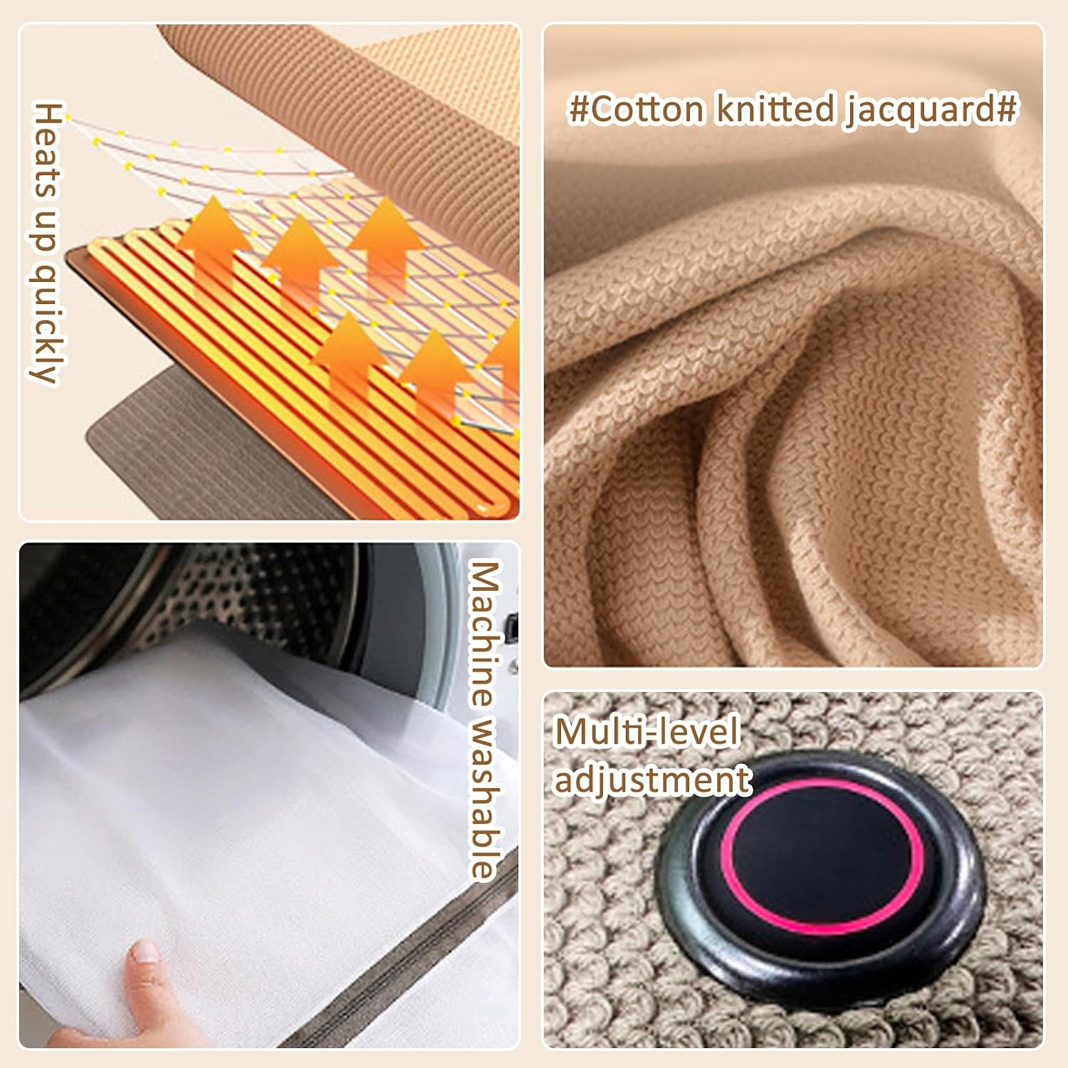 Vier Bilder zeigen die Funktionen eines Heizkissens: Schichten, Stoff, Waschbarkeit und Bedienelement.