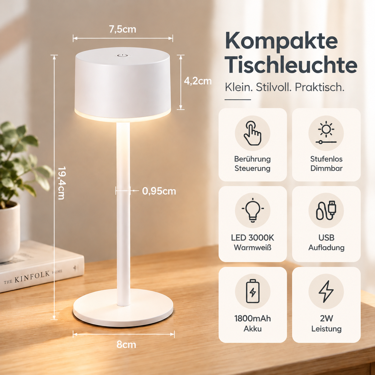 Weiße Tischleuchte auf Holzoberfläche mit Maßen und Icons für Eigenschaften wie Touch-Steuerung und Dimmbarkeit.