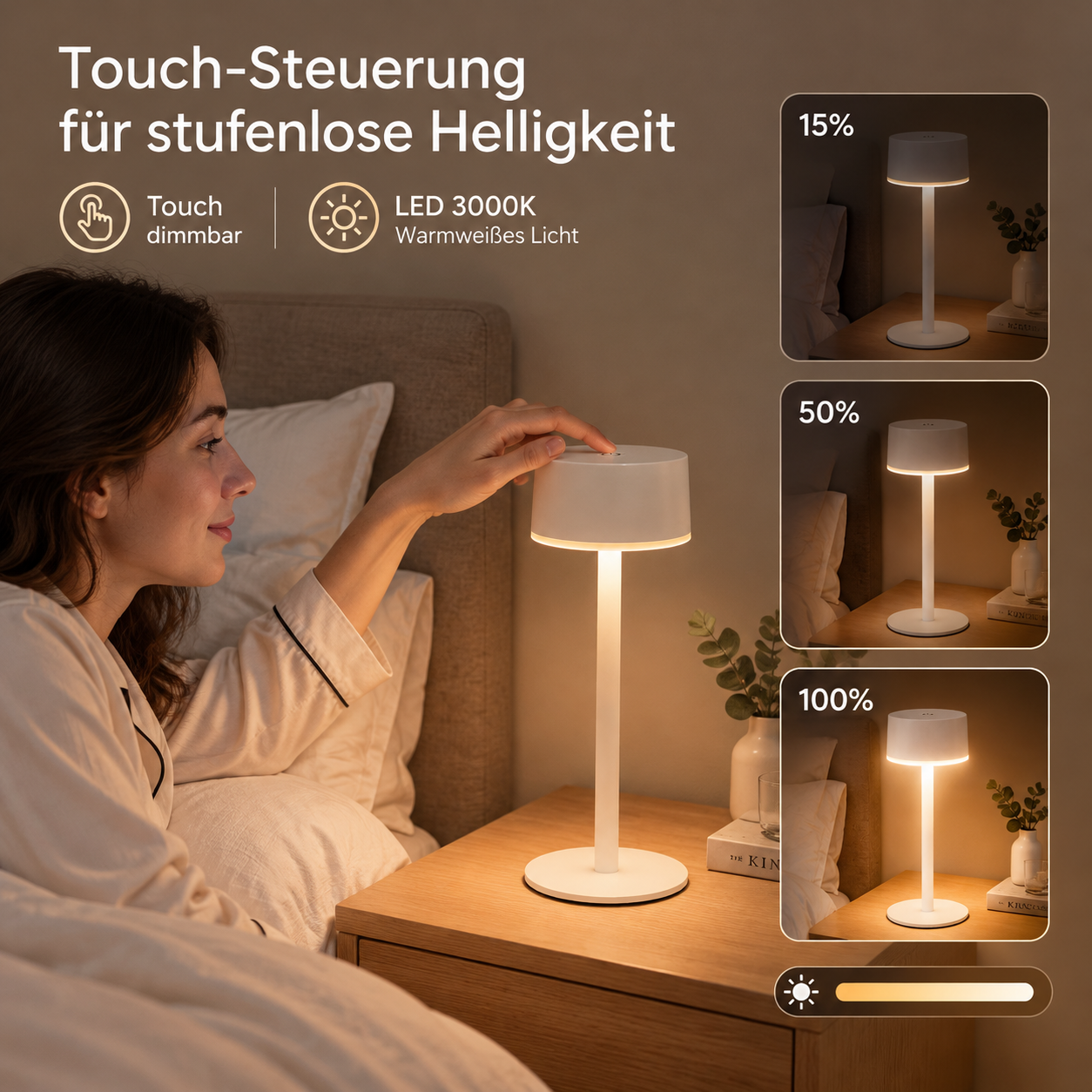 Eine Frau in Schlafbekleidung berührt eine moderne weiße Nachttischlampe, die in drei Helligkeitsstufen leuchtet.
