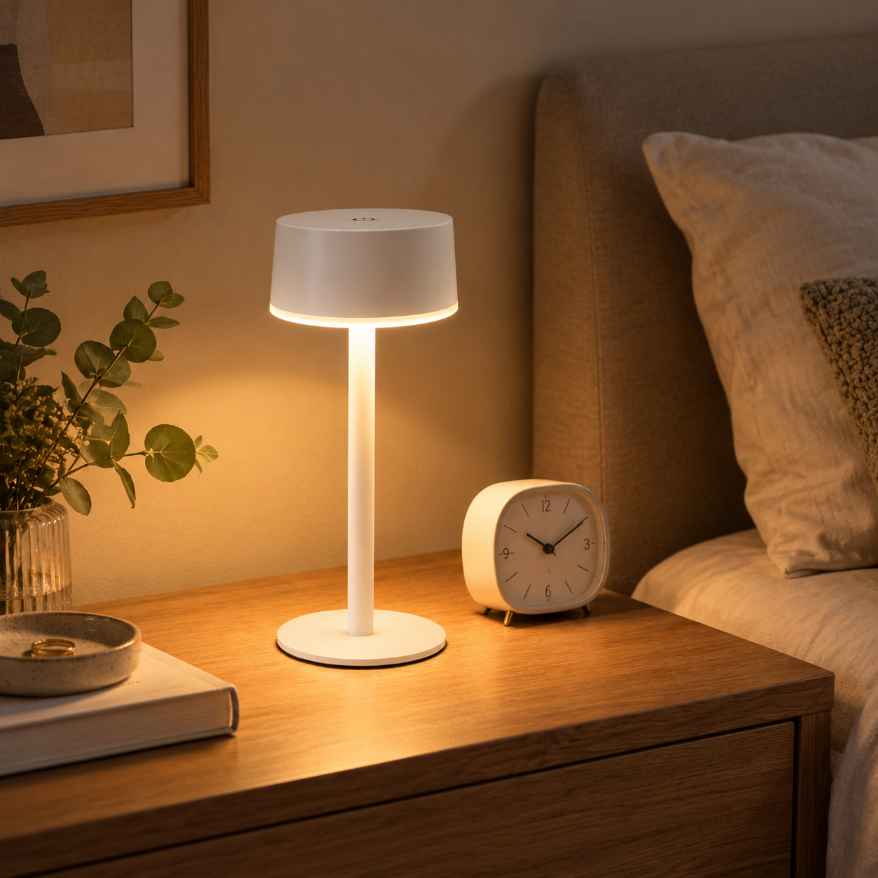 Eine moderne weiße Lampe leuchtet auf einem Nachttisch neben einer weißen Uhr, einer Pflanze und einem Bett.
