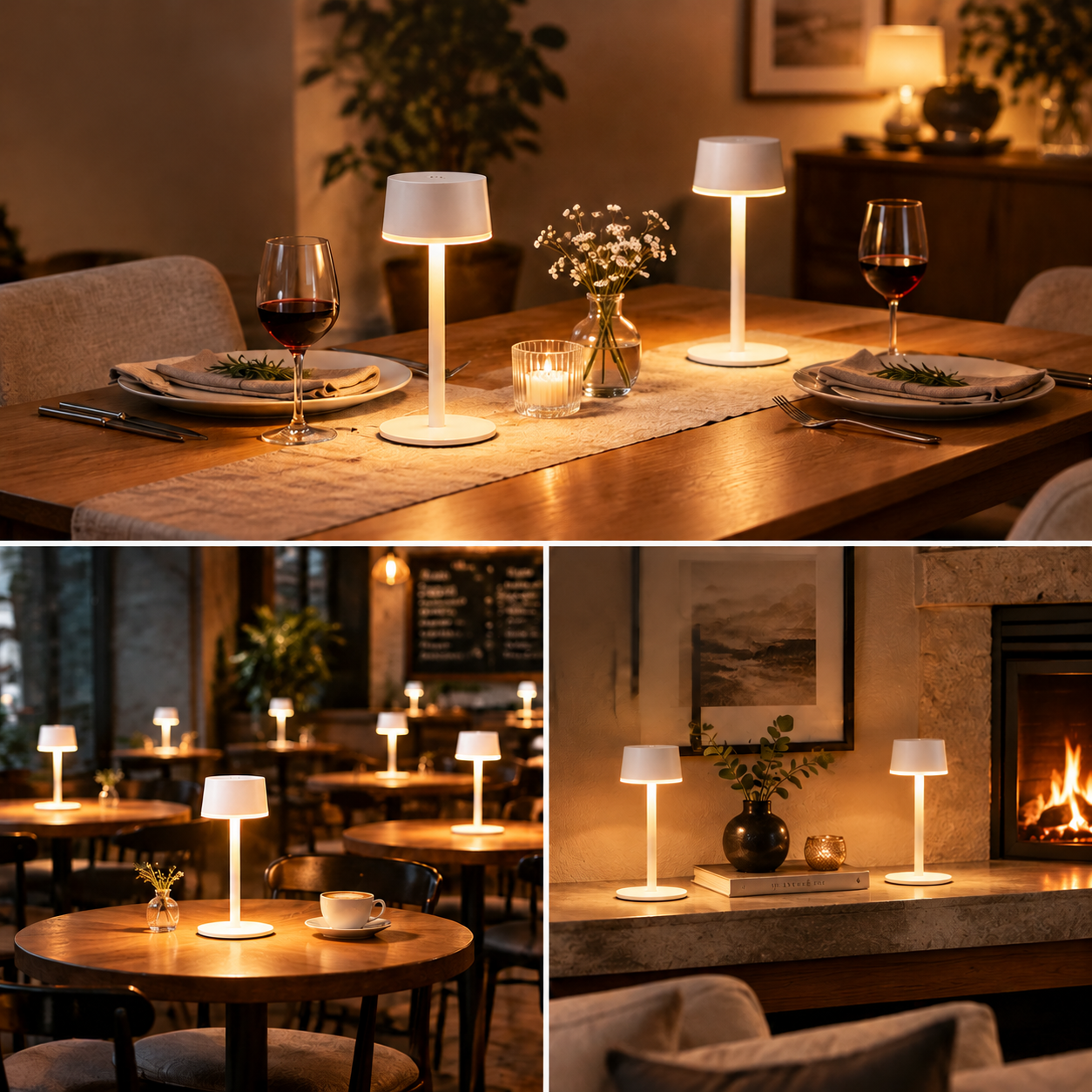 Moderne, tragbare Tischlampen mit warmem Licht in Restaurants und auf gedeckten Tischen.