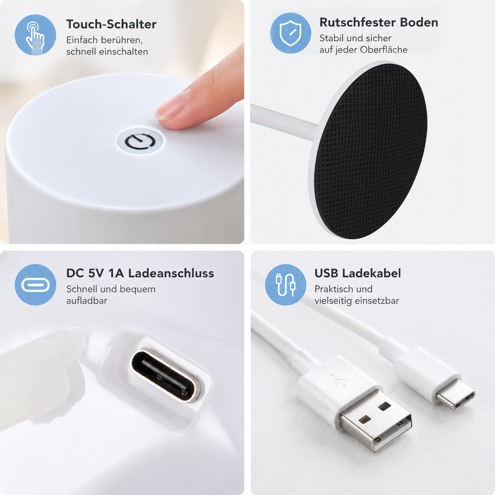 Vier Bilder zeigen die Touch-Schalter, den rutschfesten Boden, den Ladeanschluss und das USB-Kabel einer Lampe.