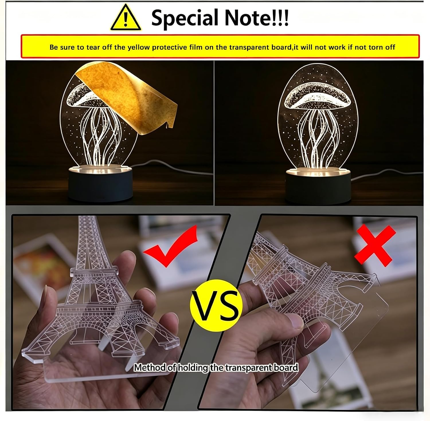 Anleitung zum Entfernen der Schutzfolie und zum richtigen Halten der Acrylplatte einer LED-Lampe.