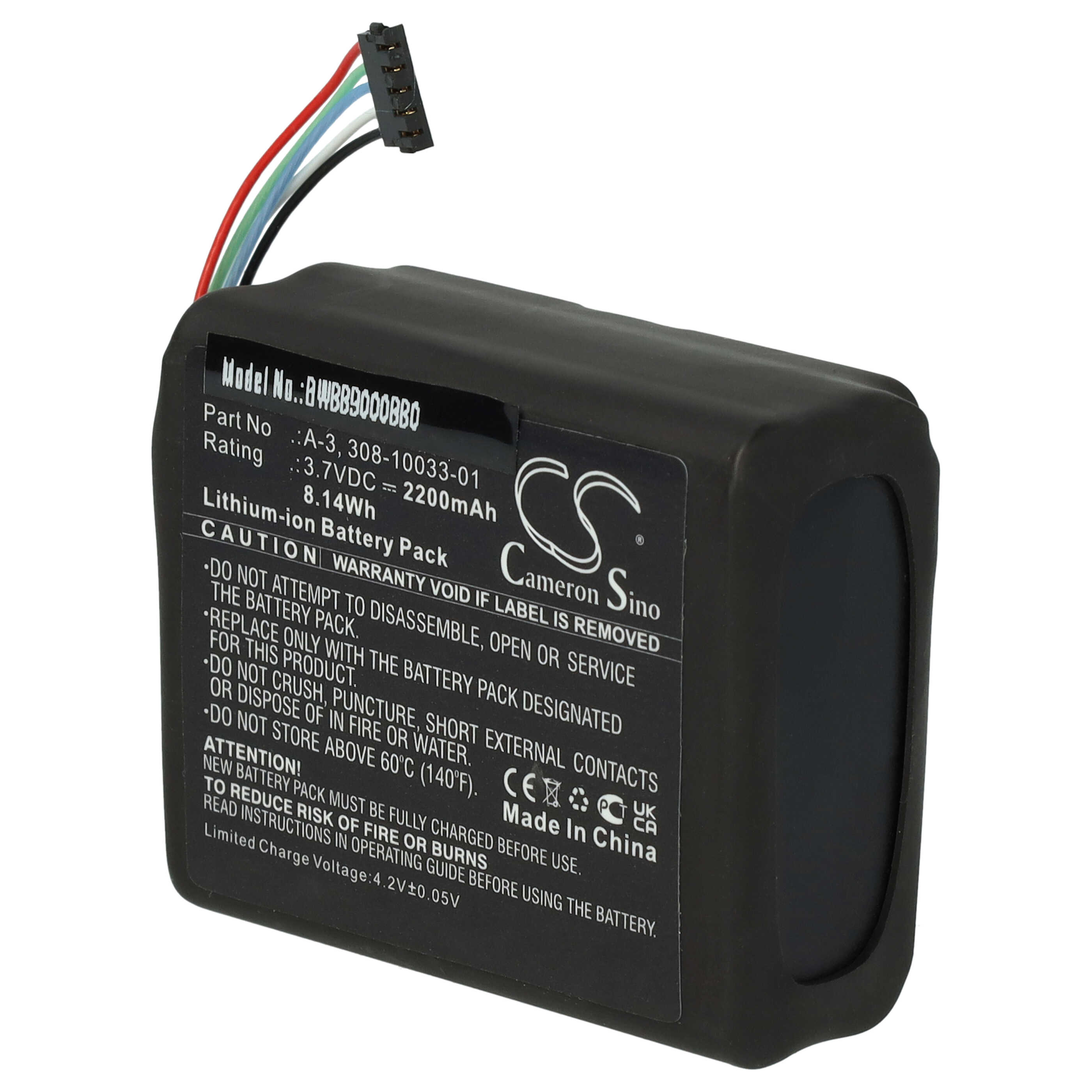 Ein schwarzer Lithium-Ionen-Akku mit Etiketten, Sicherheitshinweisen und angeschlossenem Kabel.
