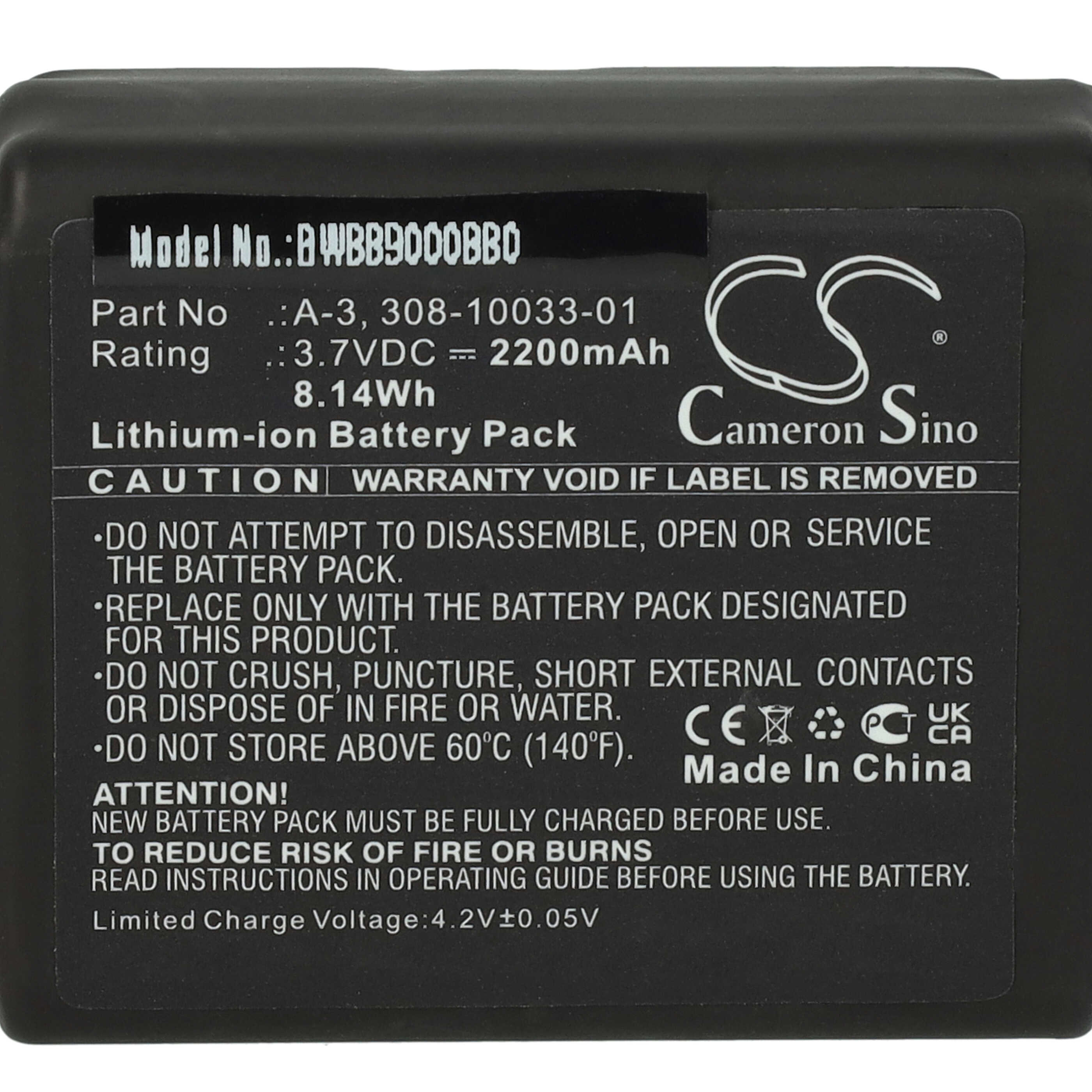 Ein schwarzes Lithium-Ionen-Akkuliket mit Textdetails, Warnhinweisen und Cameron Sino-Markierung.