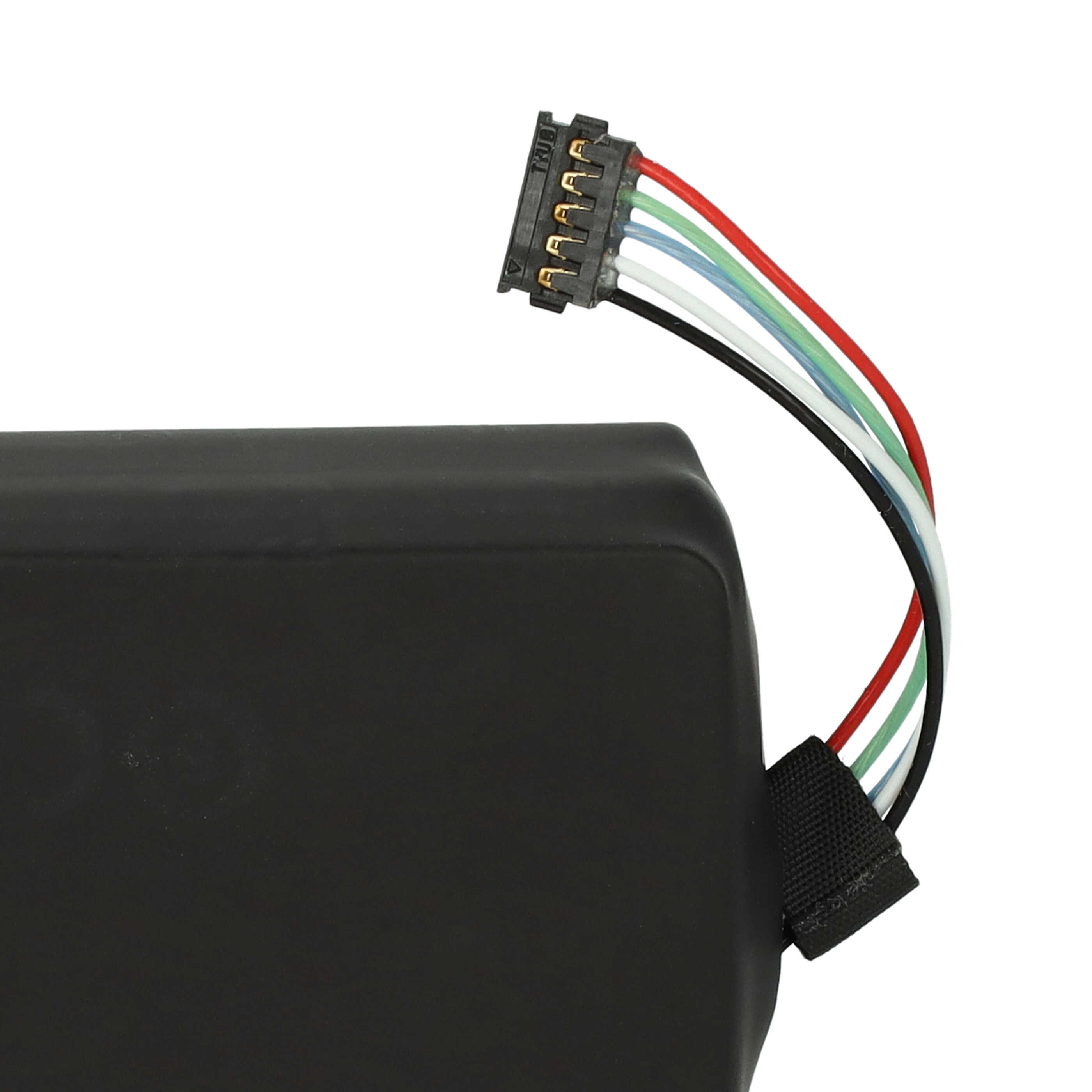Ein schwarzes Batteriegehäuse mit einem fünfpoligen Steckverbinder und bunten Kabeln.