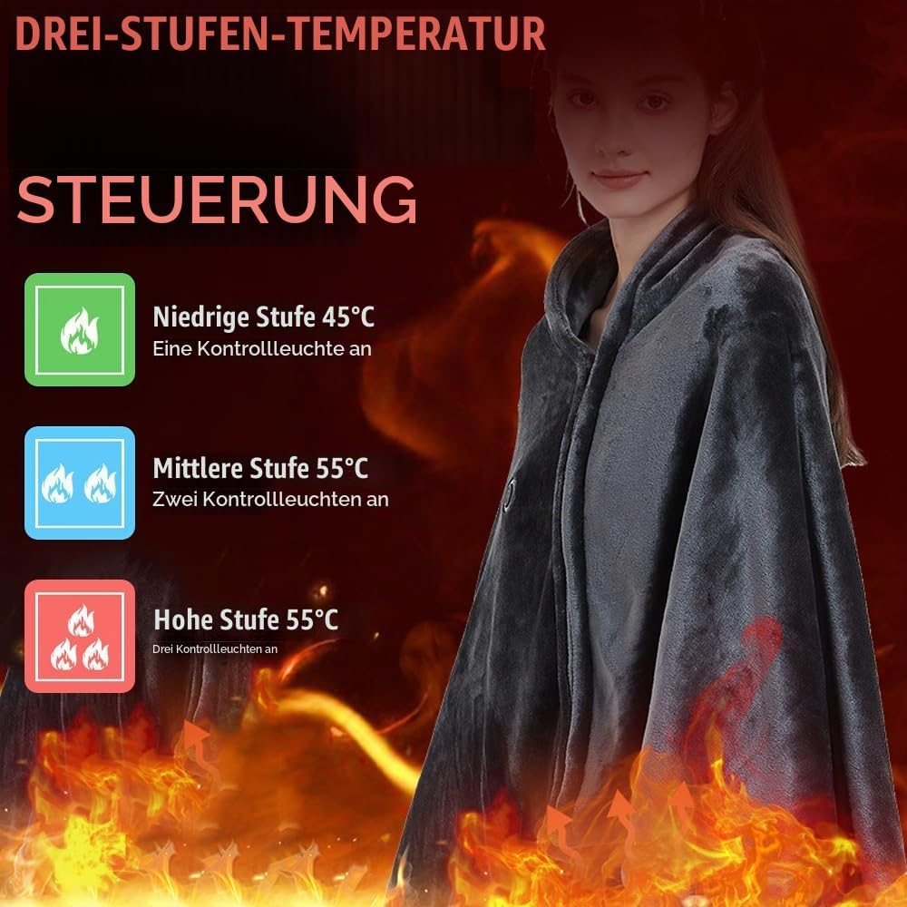 Frau trägt eine beheizbare graue Decke mit drei Temperaturstufen.