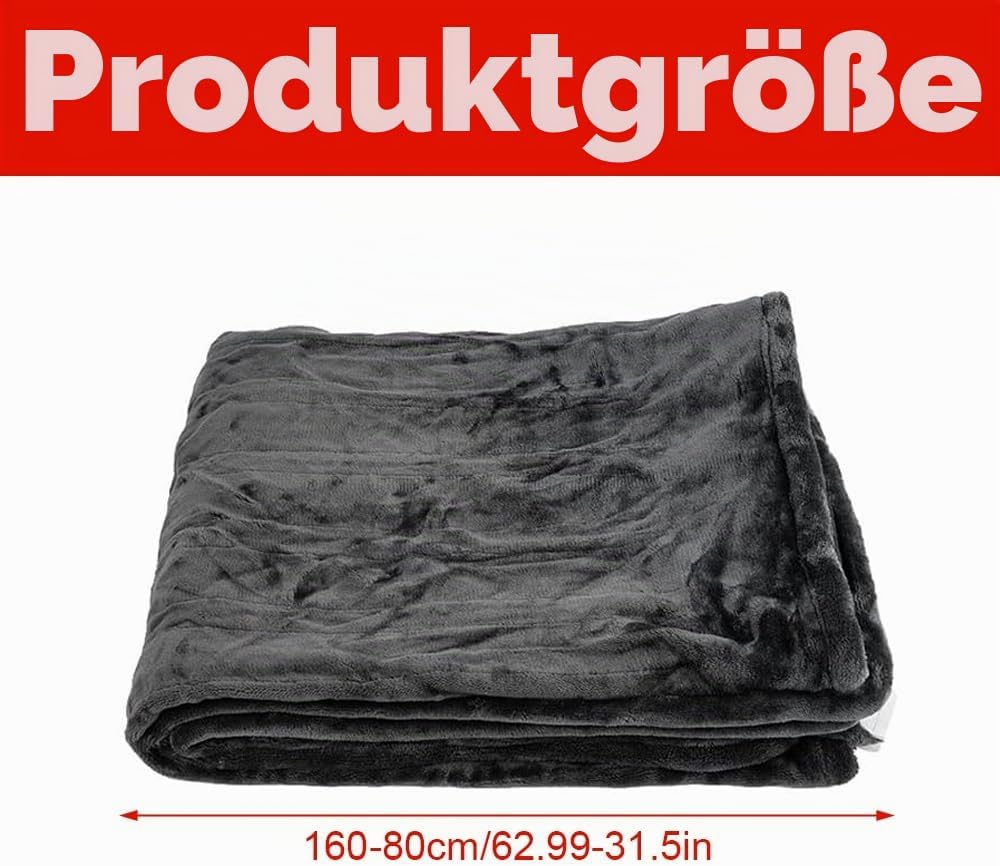 Eine dunkelgraue, gefaltete Decke vor weißem Hintergrund mit der roten Überschrift Produktgröße und den Maßen.