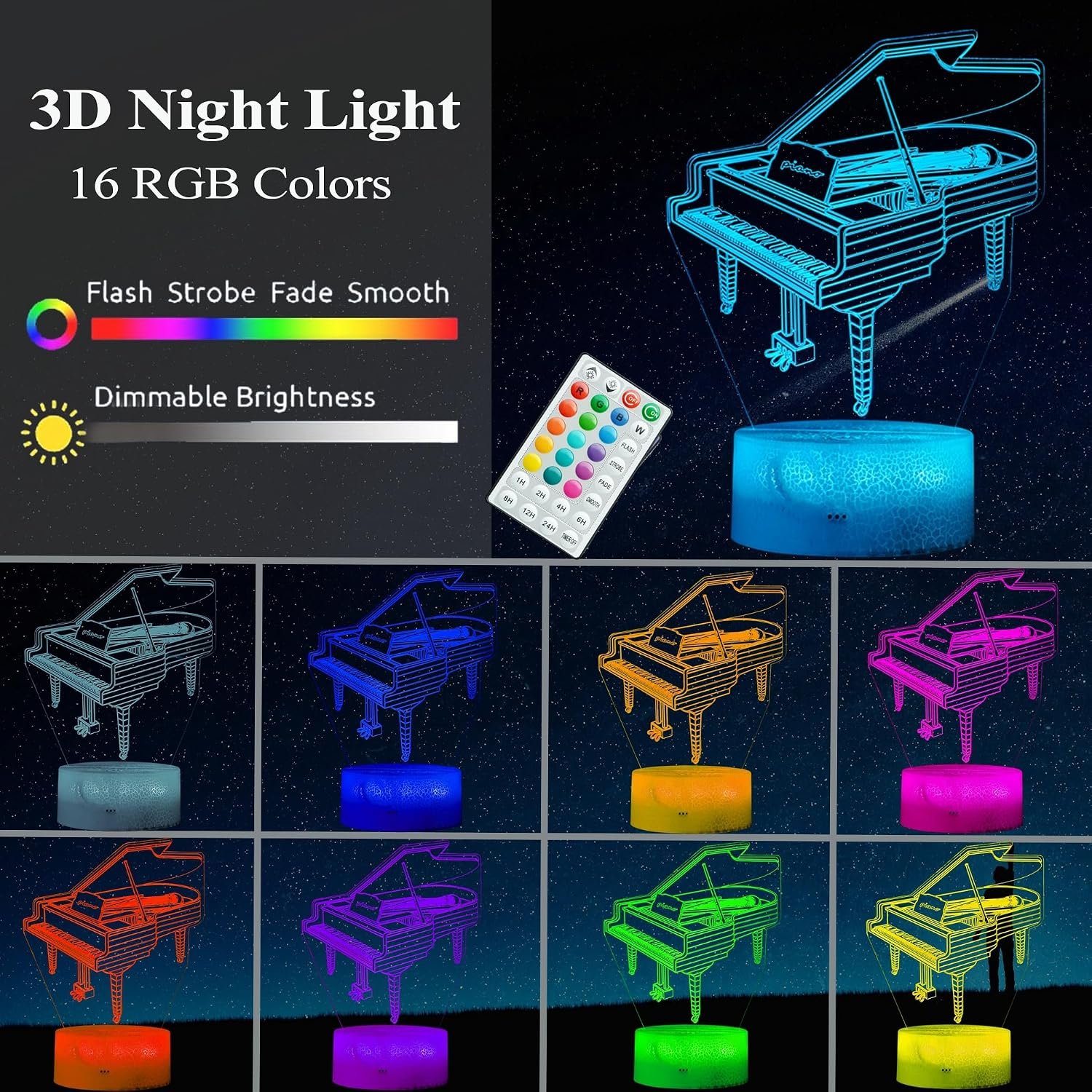 Ein 3D-Klavier-Nachtlicht mit Fernbedienung zeigt 16 RGB-Farben und dimmbare Helligkeit.