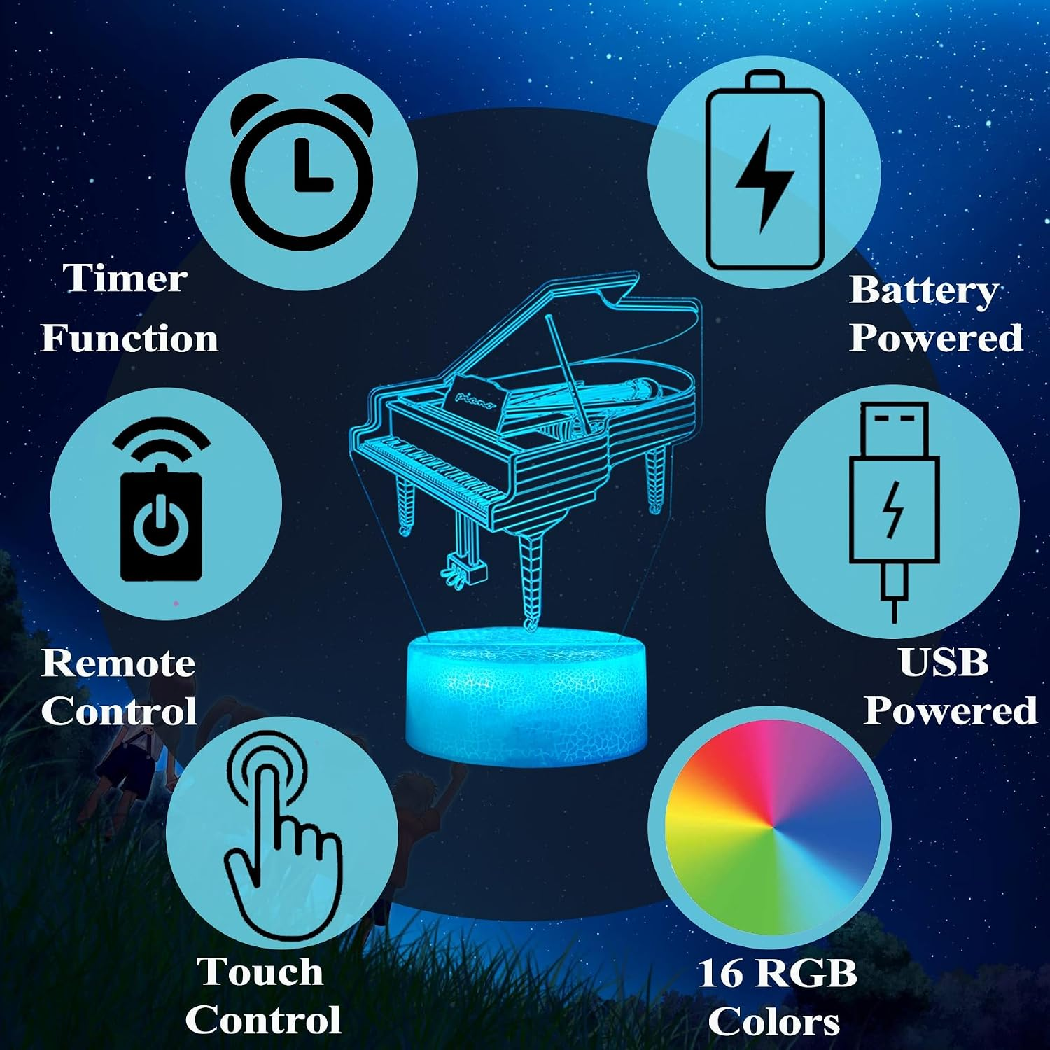 Eine Klavier-Nachtlampe mit Timer, Fernbedienung, Touch, Akku oder USB und 16 RGB-Farben auf sternenklarem Hintergrund.