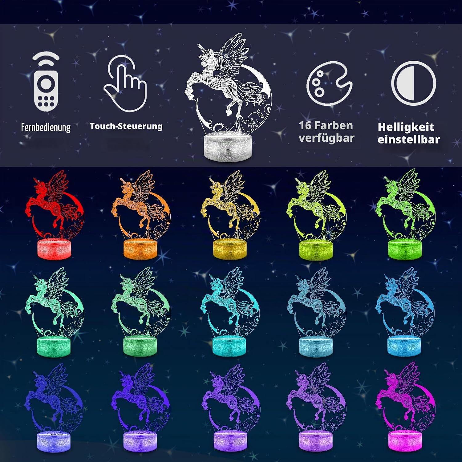 Ein leuchtendes Einhorn-Nachtlicht in 15 Farben, mit Fernbedienung und Touch-Steuerung.