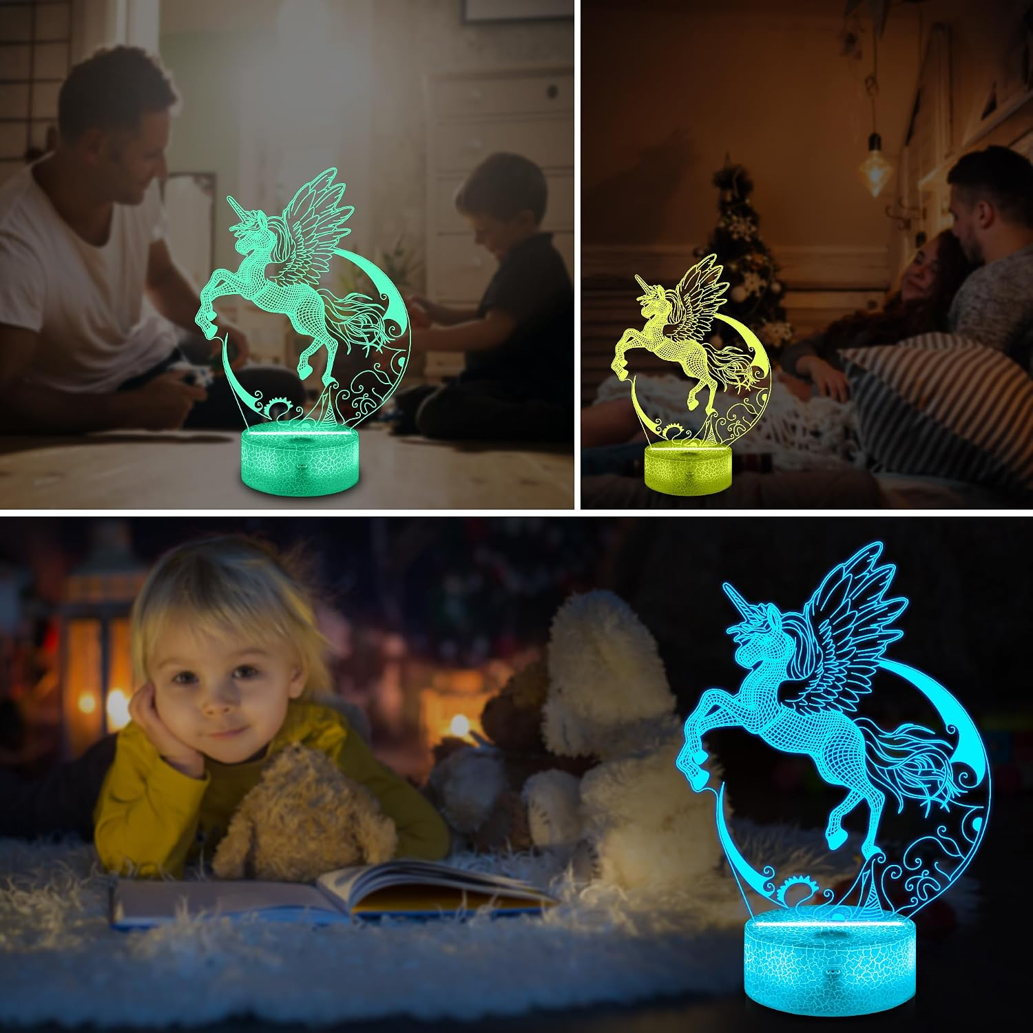 Eine grüne 3D-Einhorn-LED-Lampe leuchtet auf einem Tisch in verschiedenen Szenen mit Kindern und Erwachsenen.