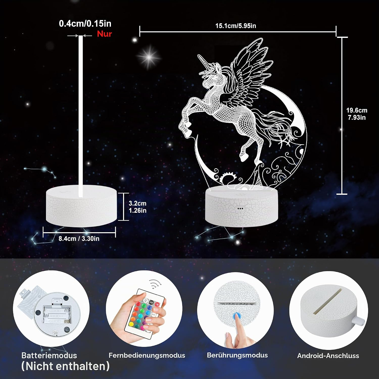 Technische Zeichnung einer 3D-Illusion-Lampe mit Einhorn-Motiv, Maßen und Bedienoptionen.