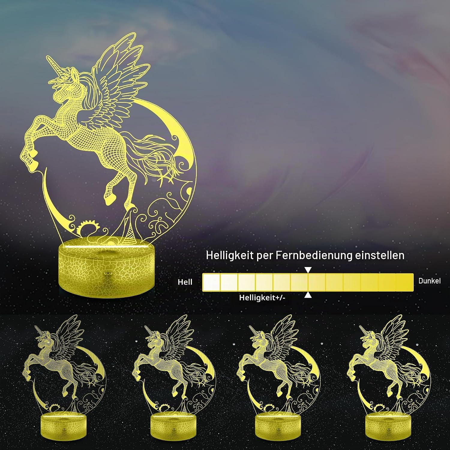 Eine leuchtende Einhorn-Nachtlampe mit Helligkeitsregler und vier Farboptionen.