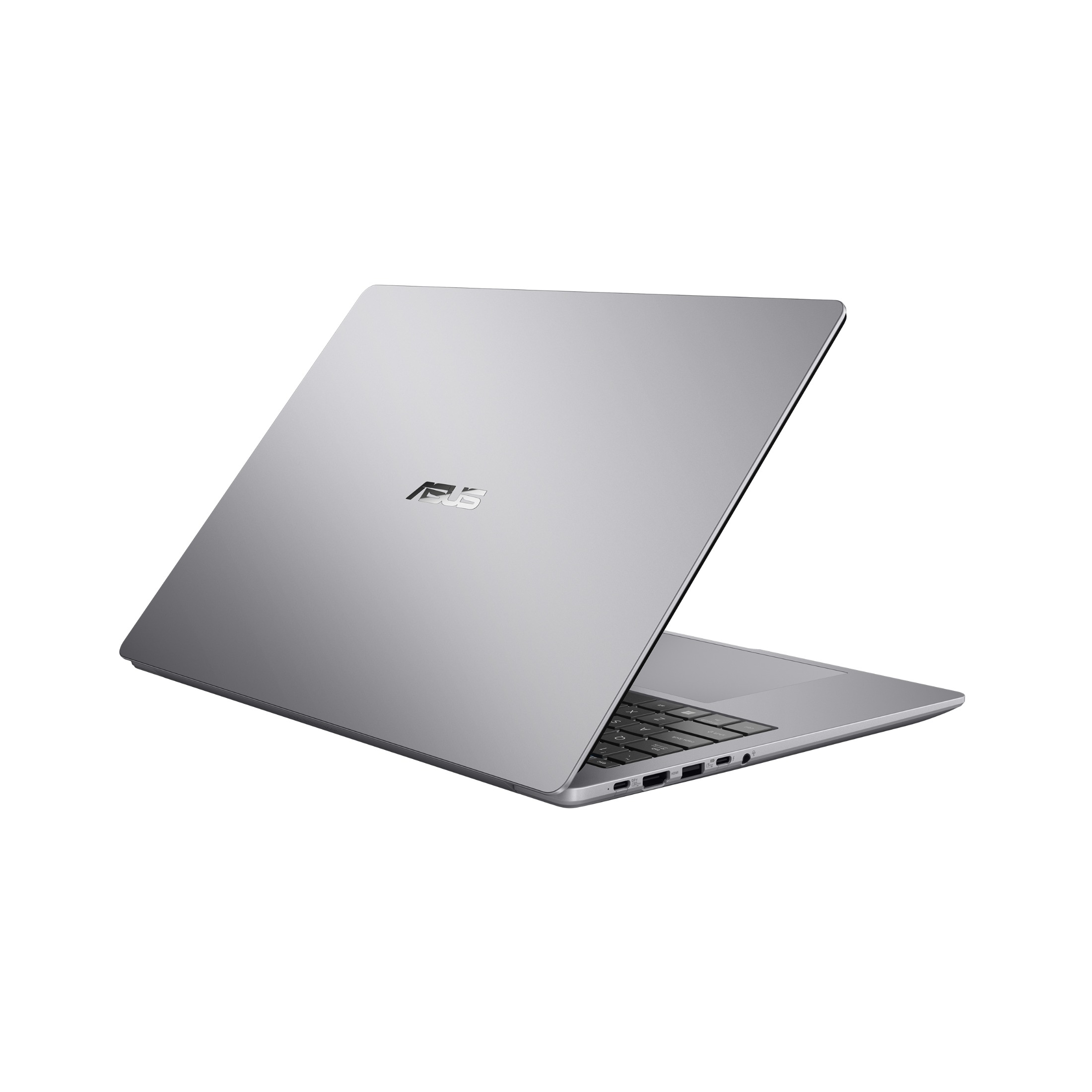 Ein silberner ASUS-Laptop steht auf einer weißen Oberfläche und zeigt die Rückseite mit dem Firmenlogo.