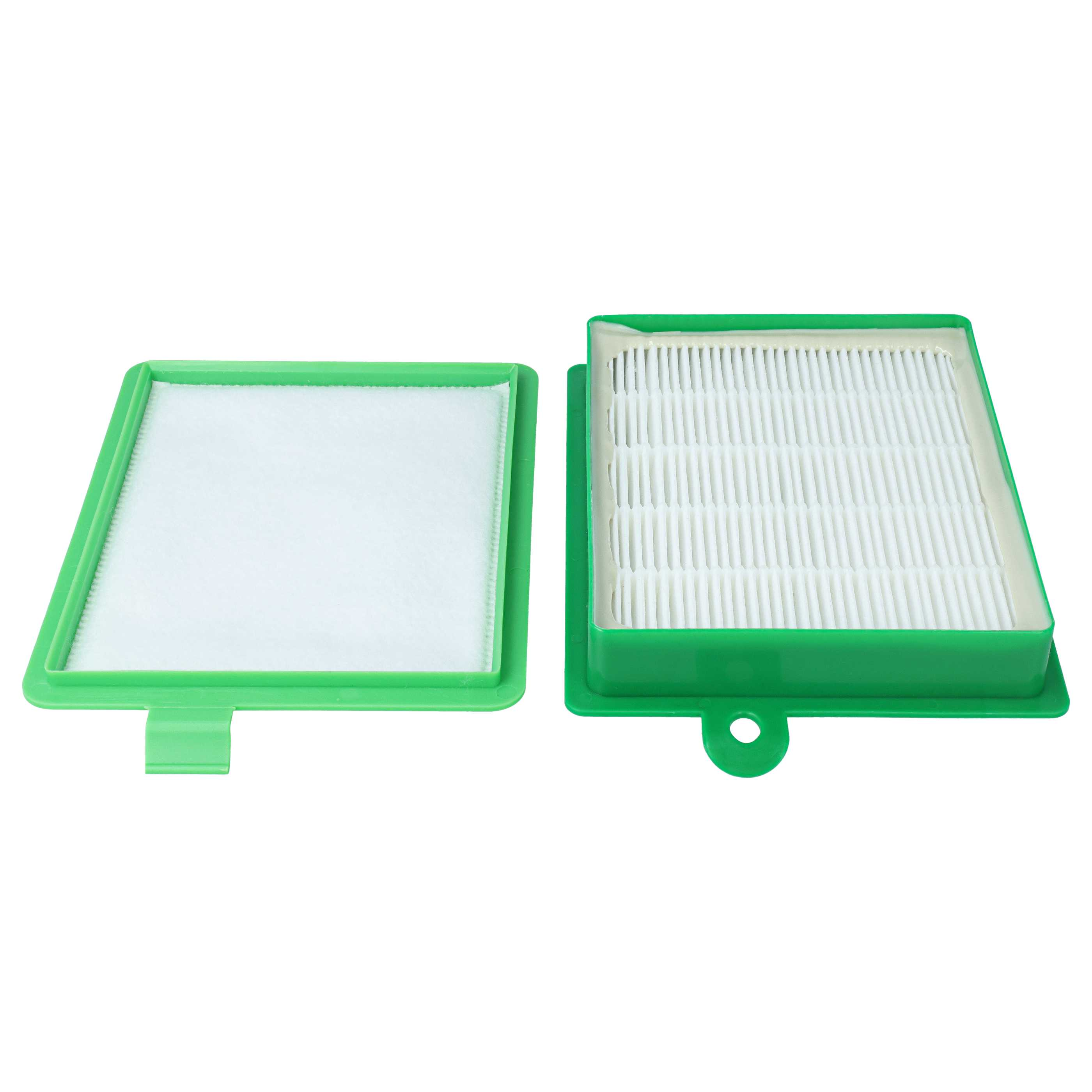 Zwei quadratische grüne Filter mit weißem Innenmaterial auf weißem Grund.