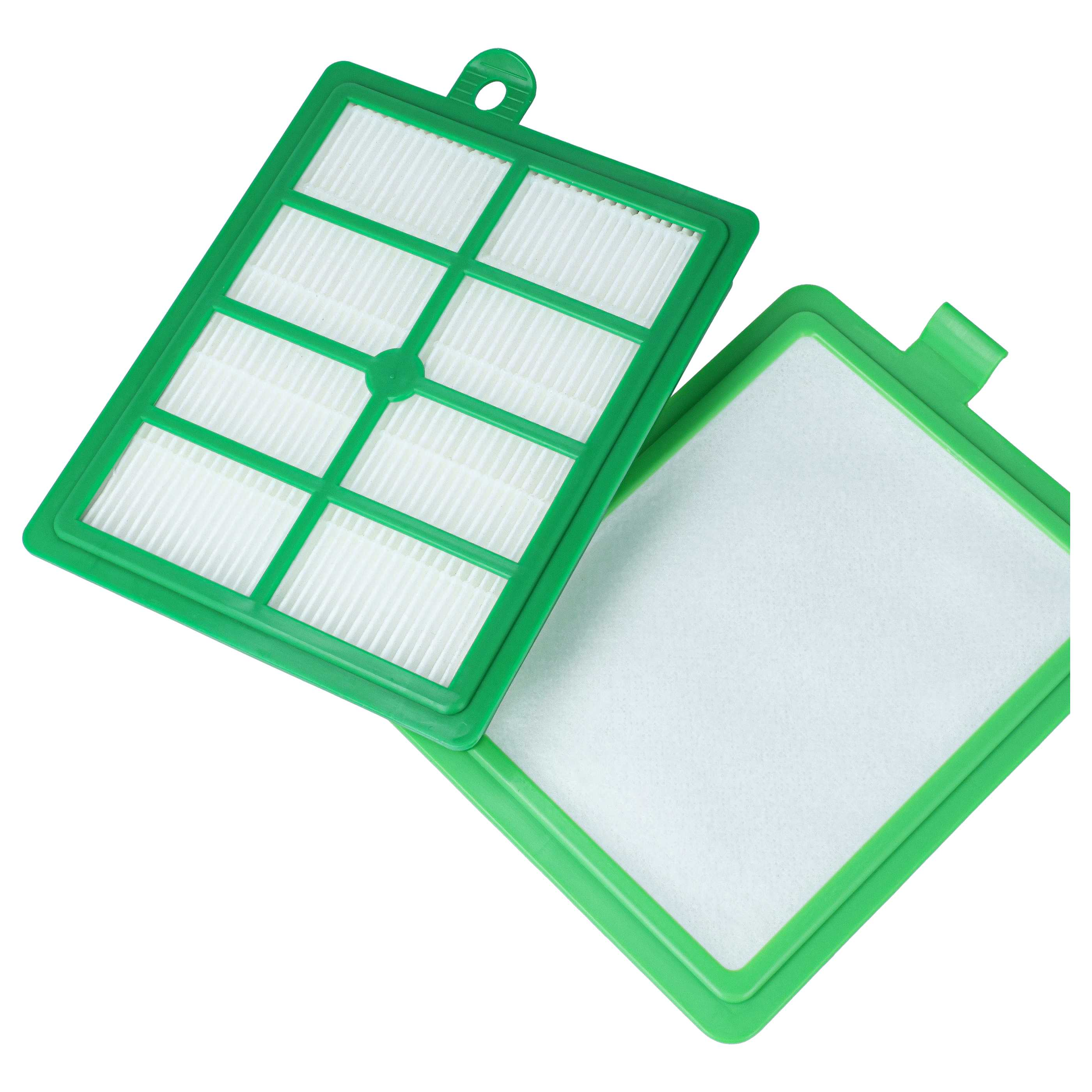 Zwei rechteckige grüne Filter mit weißem Filtermaterial innen auf weißem Hintergrund.