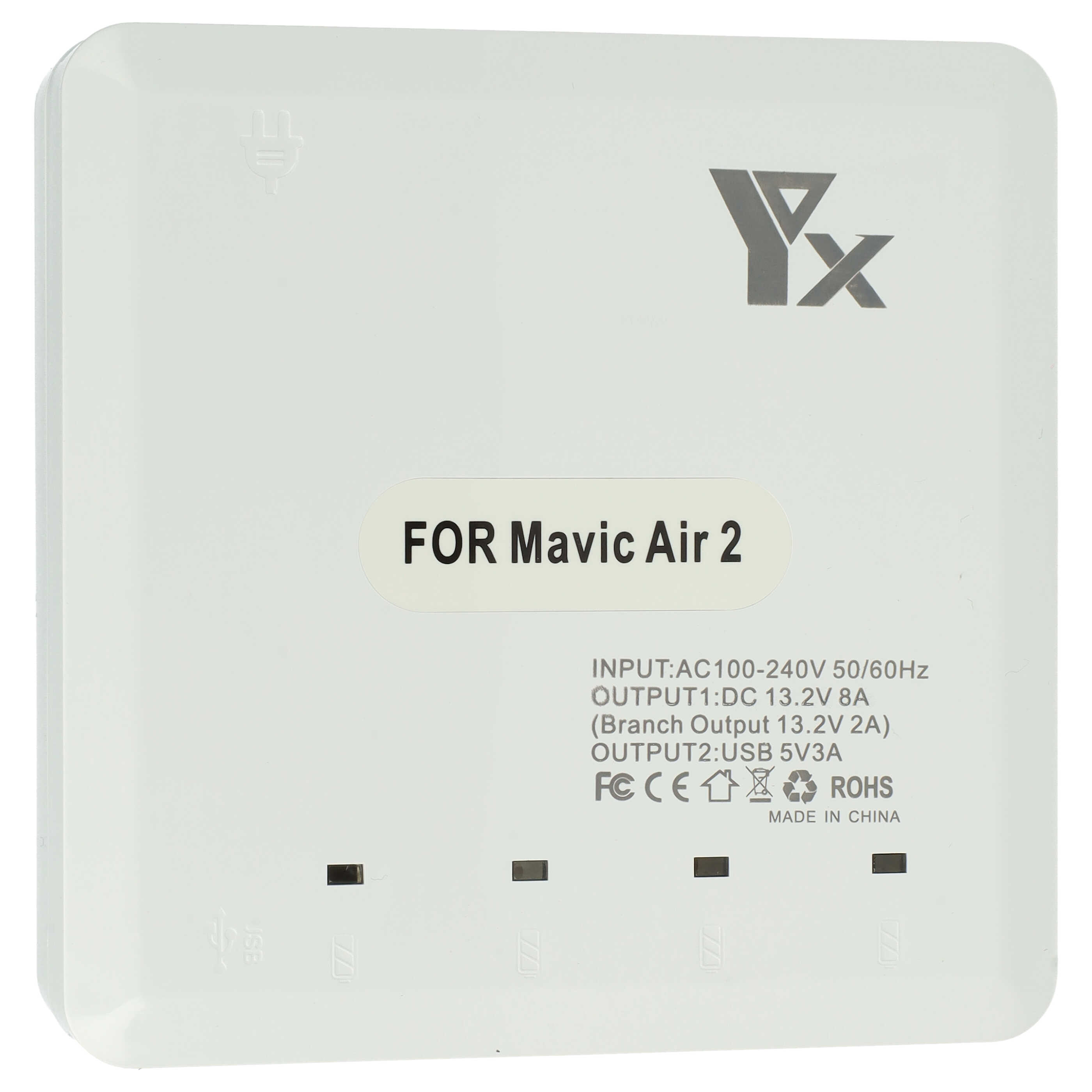 Weißes YX Ladegerät für Mavic Air 2 mit gedruckten technischen Daten und vier Anzeigeleuchten auf der Vorderseite.