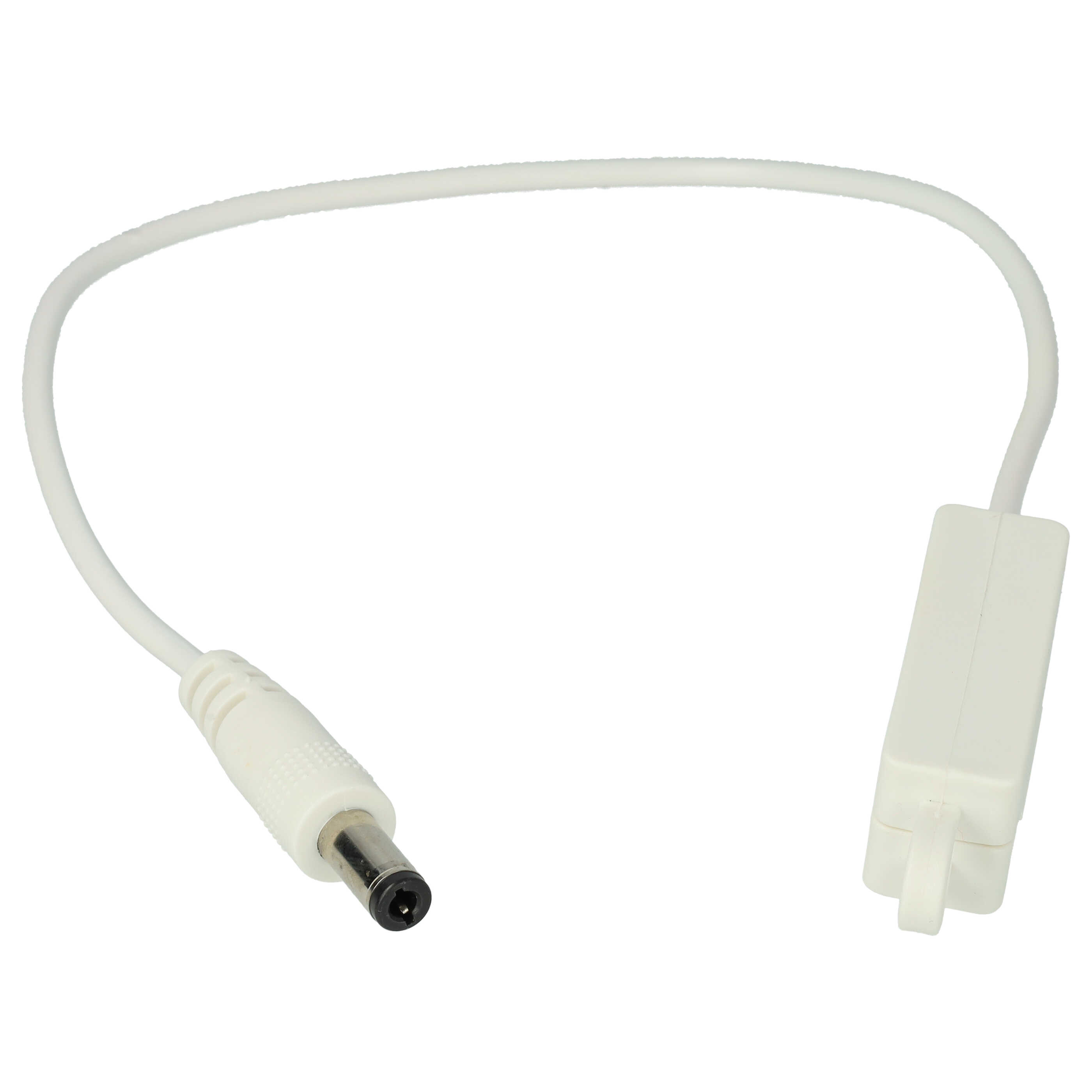 Ein weißes Netzkabel mit einem DC-Hohlstecker und einer kleinen rechteckigen Anschlussbox vor weißem Hintergrund.