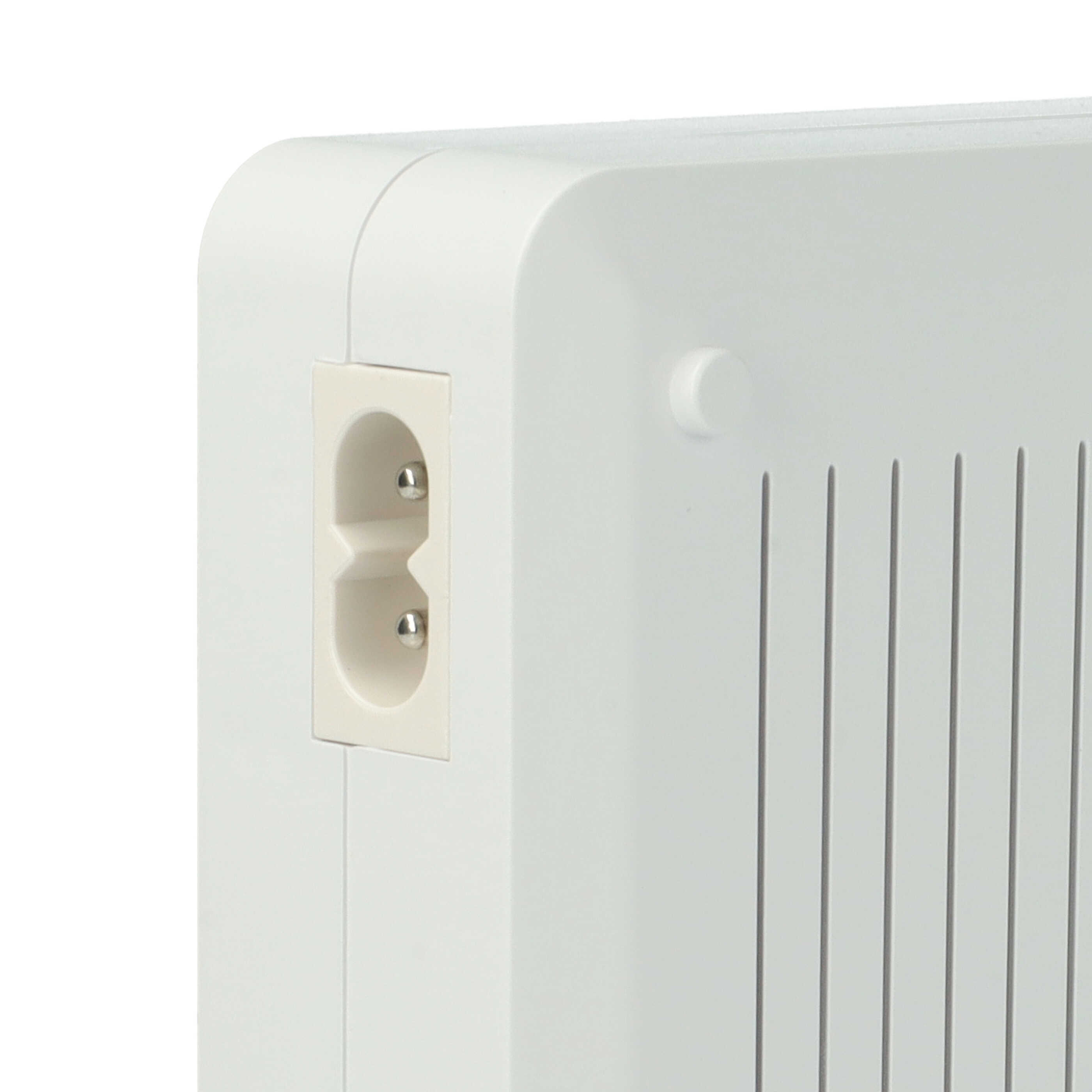 Weiße elektronische Box mit zweipoligem Netzanschluss und vertikalen Lüftungsschlitzen.