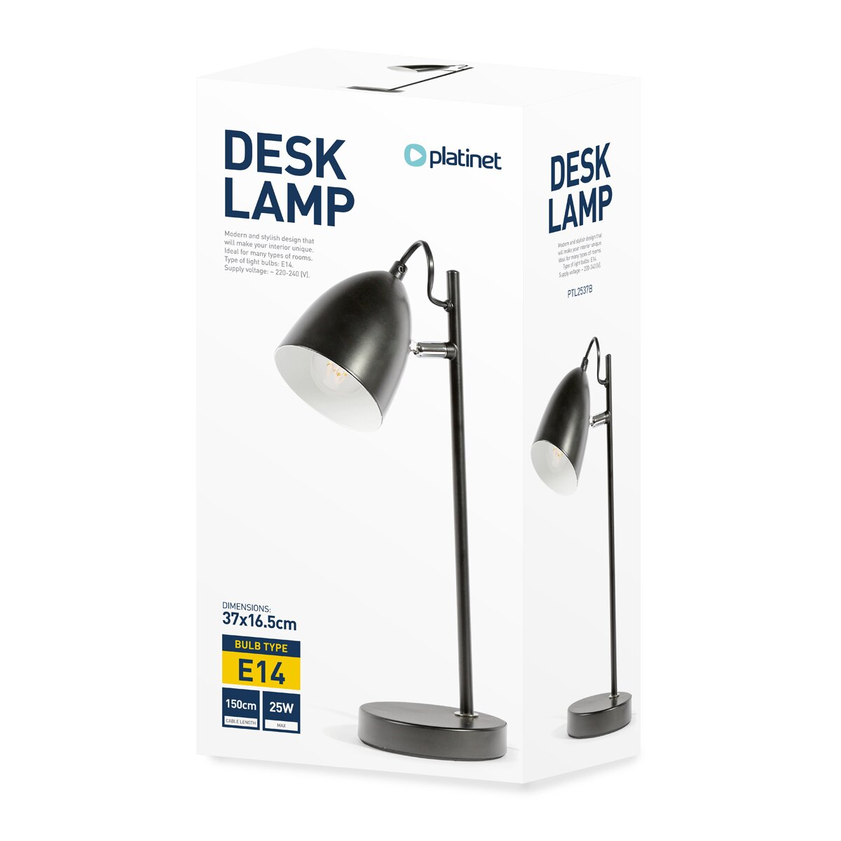 Verpackungskarton einer schwarzen Platinet Schreibtischlampe mit E14-Fassung und Maßen.
