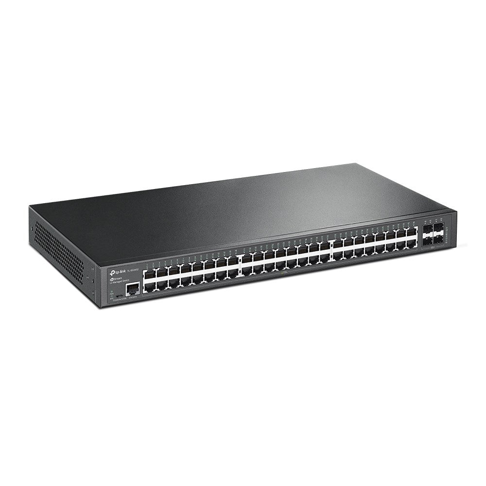 Ein schwarzer TP-Link-Netzwerk-Switch mit vielen Ethernet-Anschlüssen auf einer weißen Fläche.
