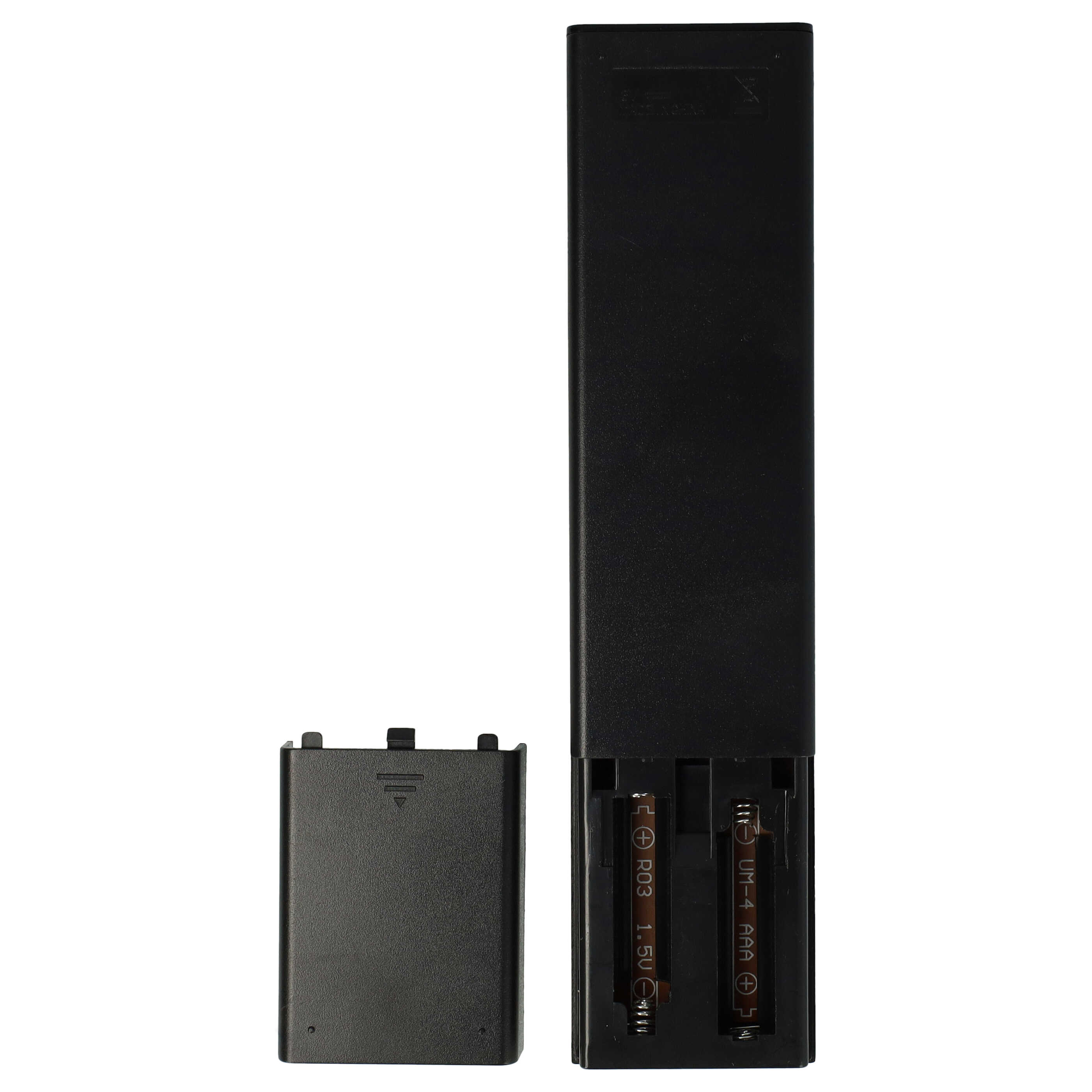 Schwarze Fernbedienung mit geöffnetem Batteriefach, zwei AAA-Batterien und separat daneben liegender Abdeckung.