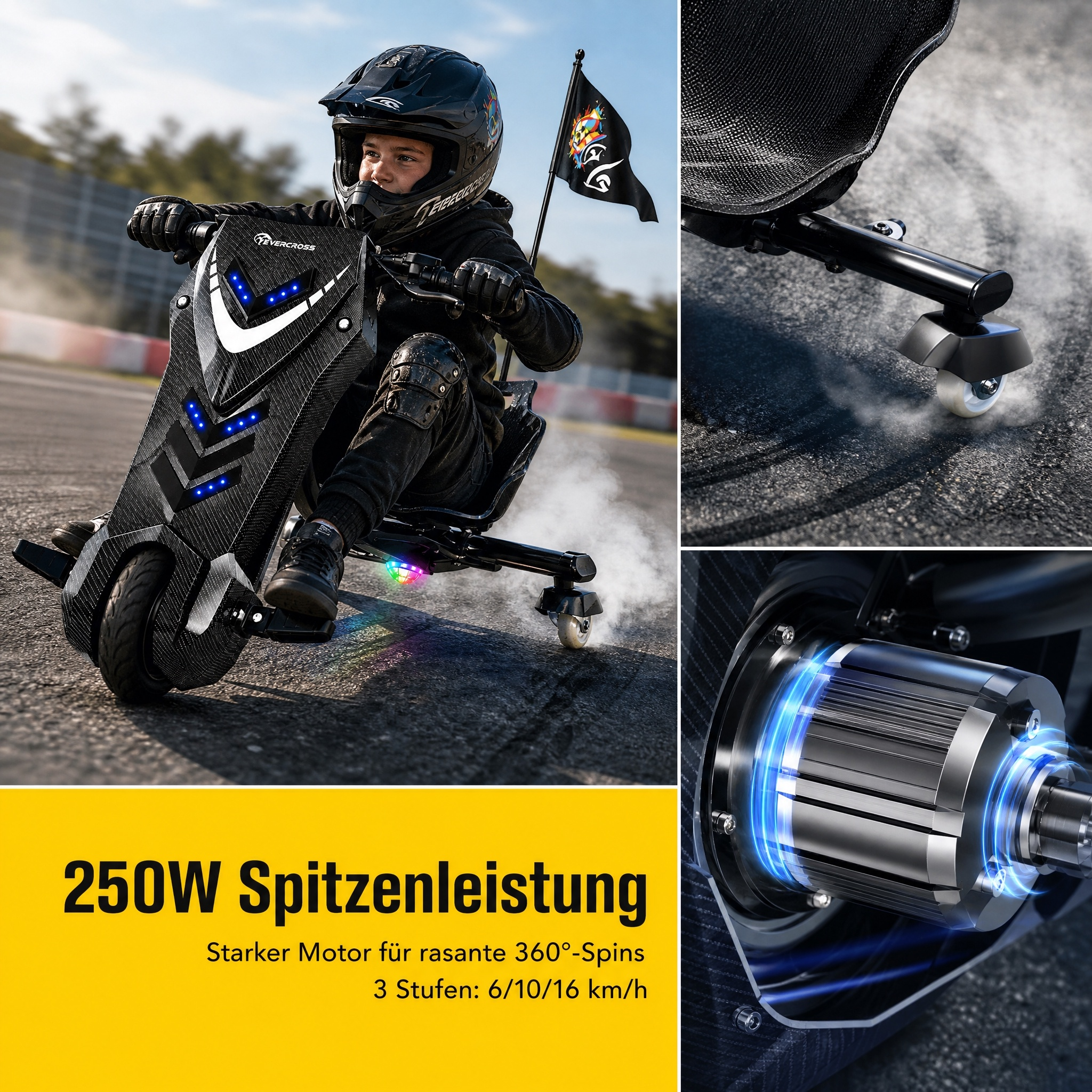 Kind fährt auf einer Go-Kart-ähnlichen Drift-E-Scooter mit 250W Motor und blau leuchtenden LEDs.