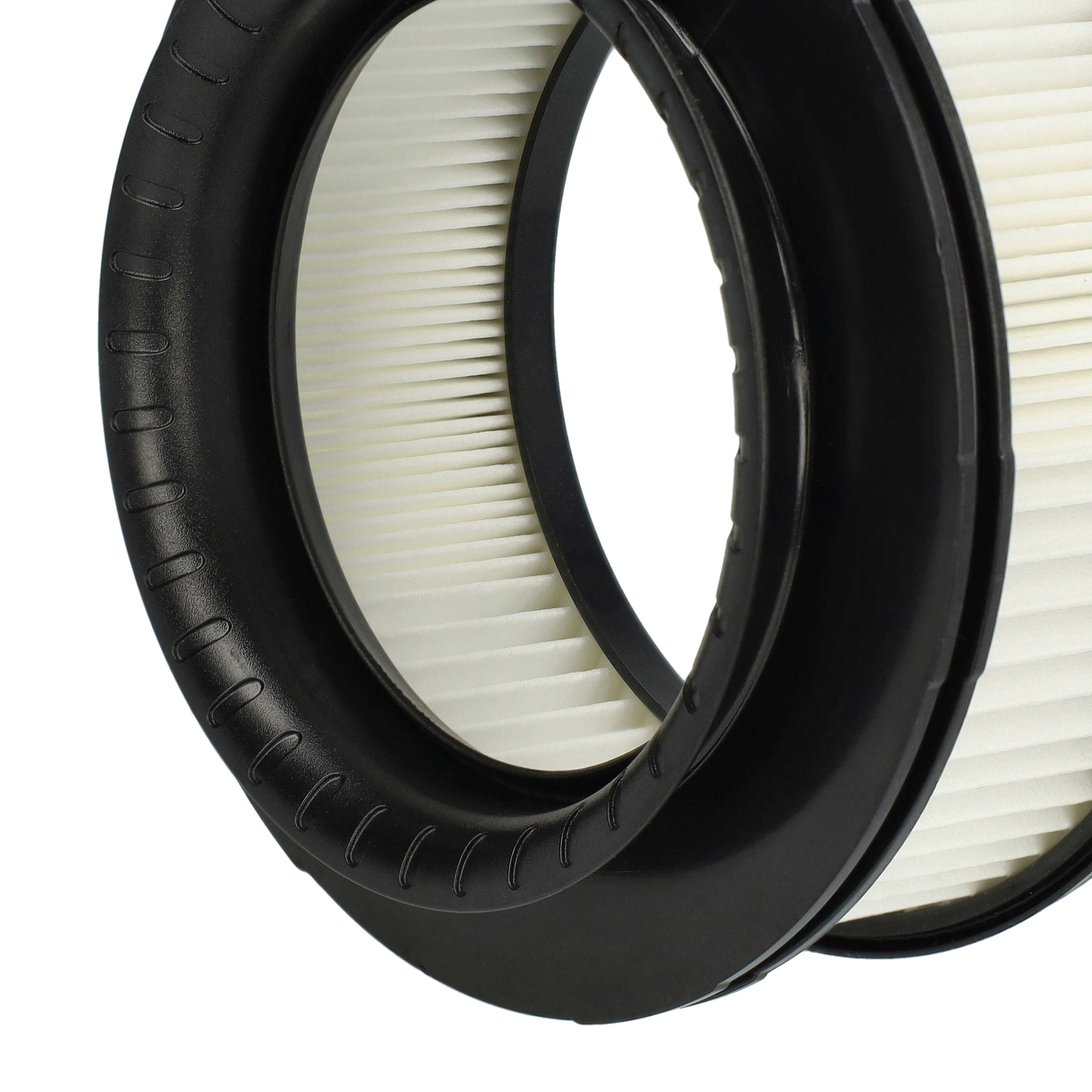 Ein zylindrischer, weißer Luftfilter mit schwarzen Plastikenden vor weißem Hintergrund.