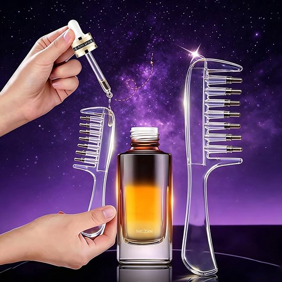 Haarölflasche, Pipette und transparenter Kamm vor lilafarbenem Sternenhintergrund.