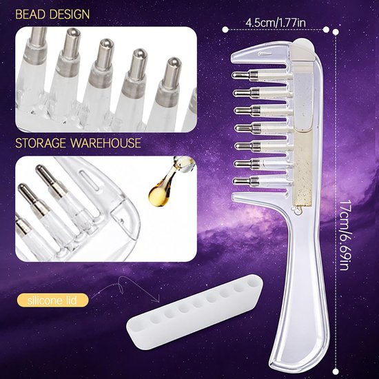 Transparenter Haarkamm mit Öltank, Kugeldüsen und Silikonkappe.