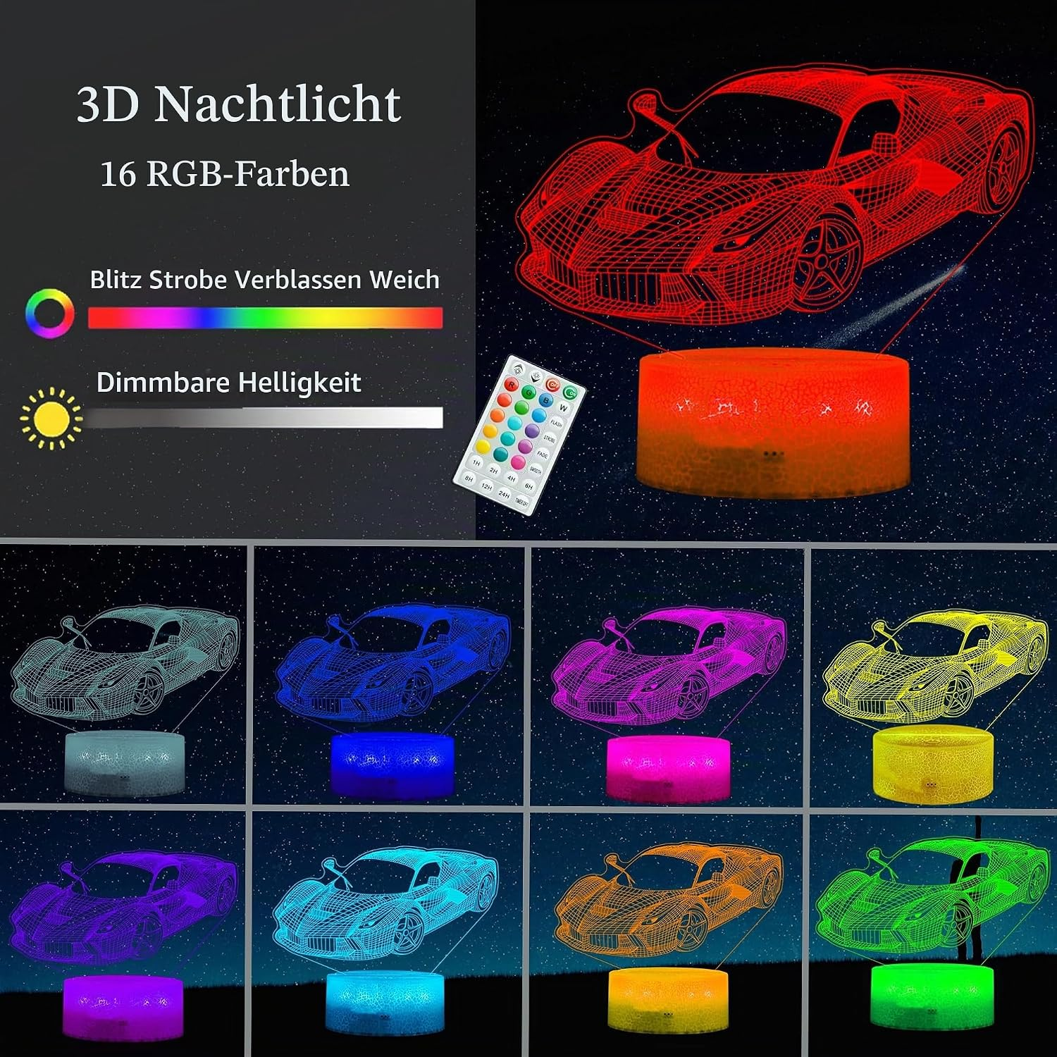 3D-Nachtlicht in Sportwagenform mit Fernbedienung und 16 RGB-Farben auf dunklem Hintergrund.