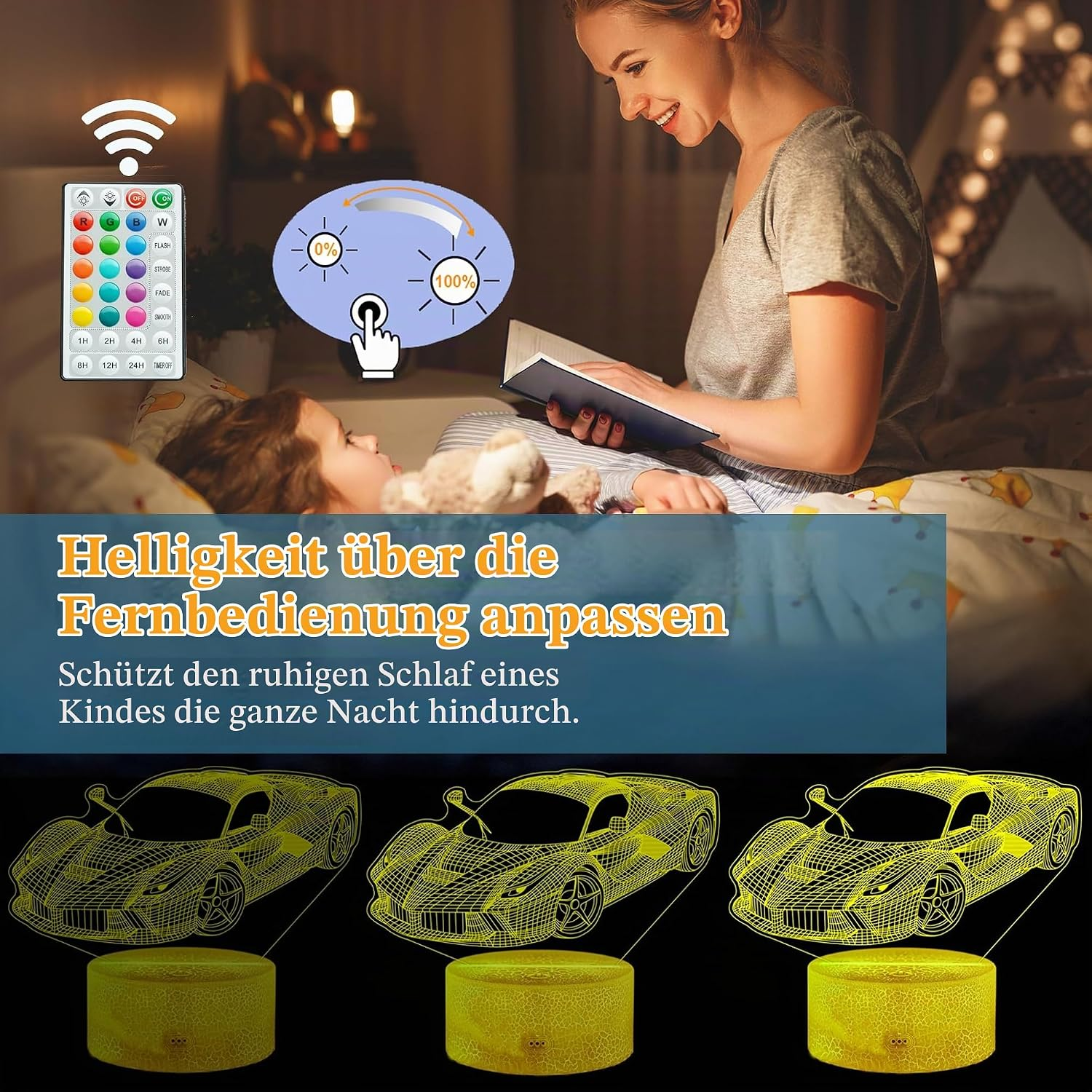 Eine Frau liest einem Kind im Bett vor, über einem kabellosen 3D-Autolicht.