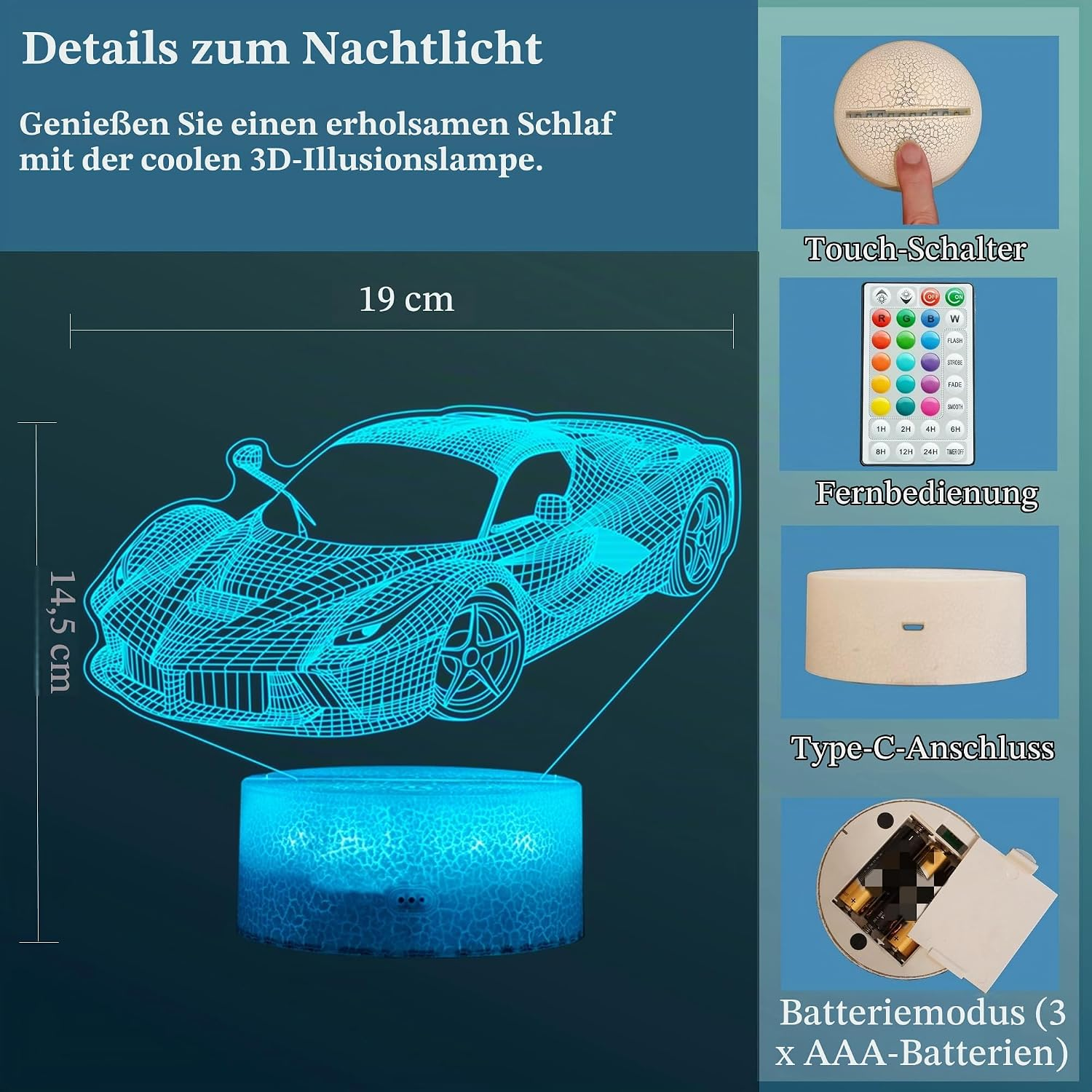 3D-Illusionslampe in Sportwagen-Form mit Touch-Schalter, Fernbedienung, Typ-C-Anschluss und Batteriebetrieb.
