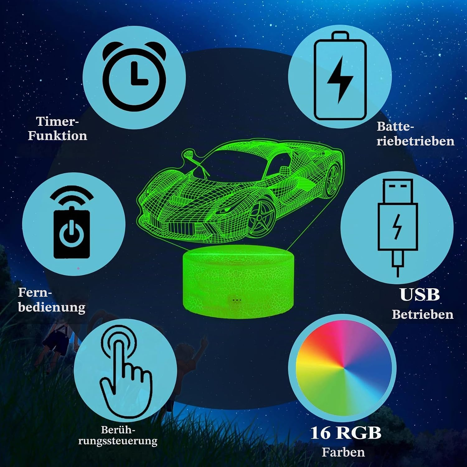 Ein Drahtmodell-Sportwagen-Nachtlicht umgeben von Symbolen für Timer, Batterie, USB, Touch, Fernbedienung und 16 RGB-Farben.