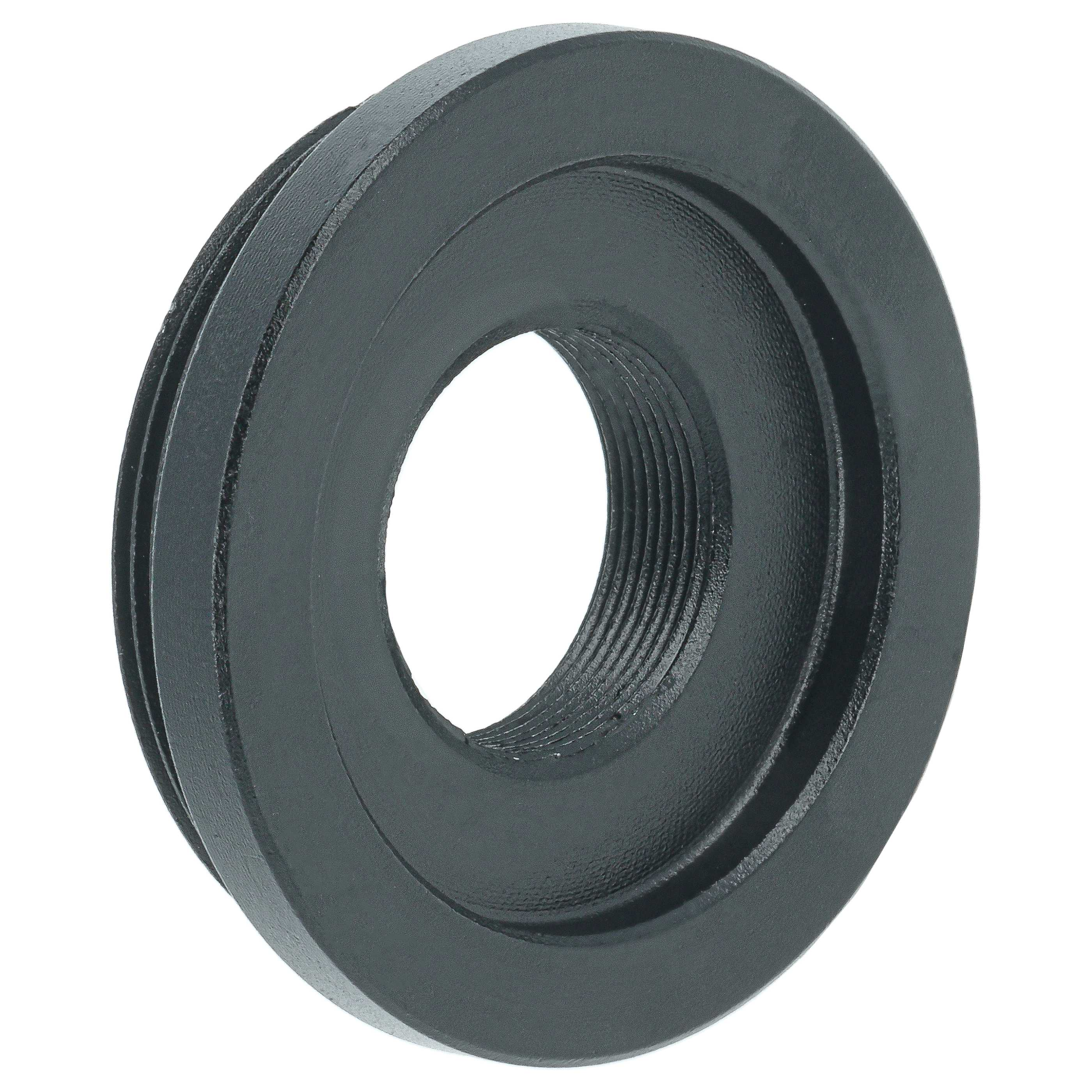 Schwarzes rundes Bauteil aus Metall mit Innengewinde und flachem Rand auf weißem Hintergrund.