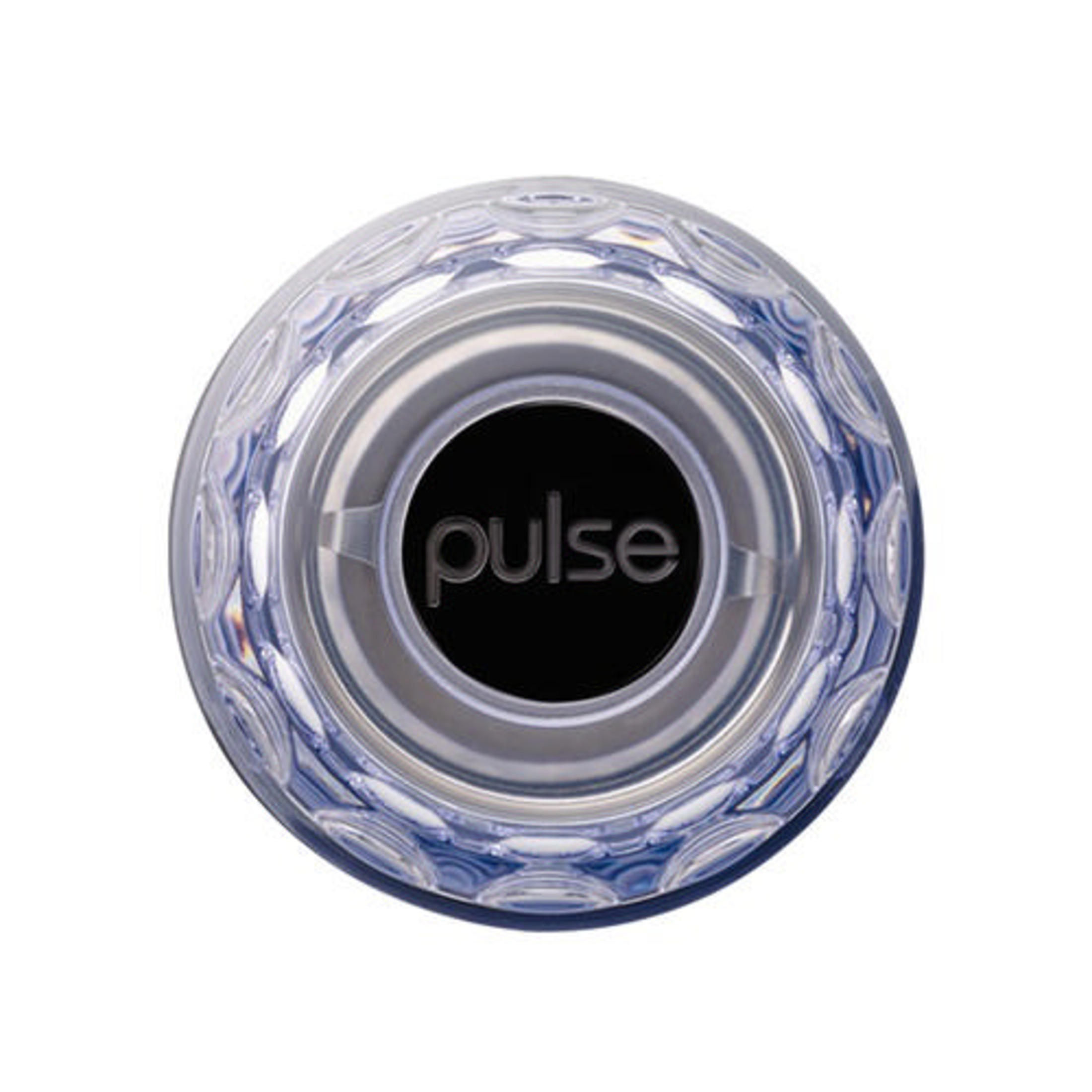 Runder, klarer Behälter mit einem zentralen schwarzen Deckel, auf dem das Wort "pulse" steht.