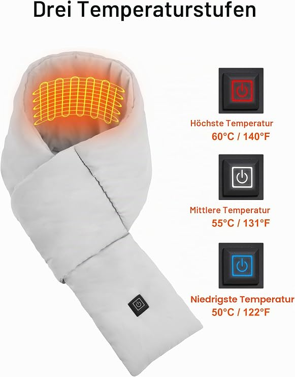 Grauer elektrischer Heizschal mit drei Temperaturstufen von 50°C bis 60°C und Steuertasten.