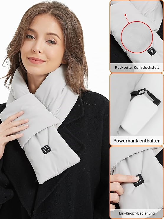 Frau mit grauem beheizbarem Schal und Detailaufnahmen von Powerbank und Bedienung.