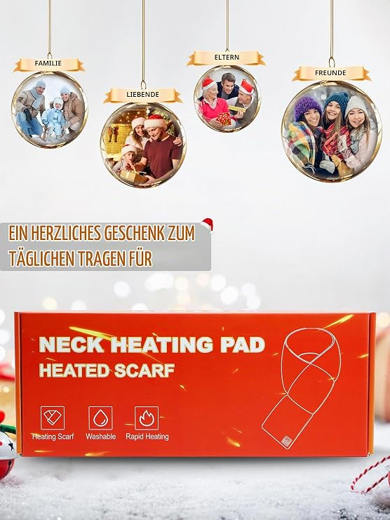 Rote Verpackung für ein Nackenheizkissen, dekoriert mit vier weihnachtlichen Foto-Kugeln.
