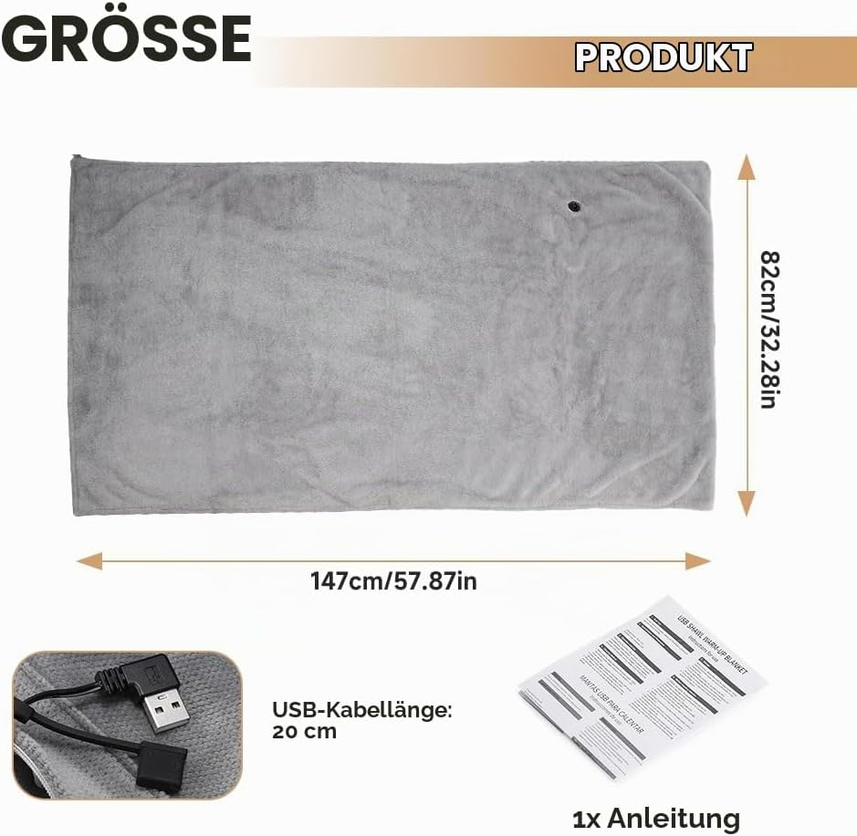Graue Heizdecke mit Maßen 147x82 cm, 20 cm USB-Kabel und Bedienungsanleitung.